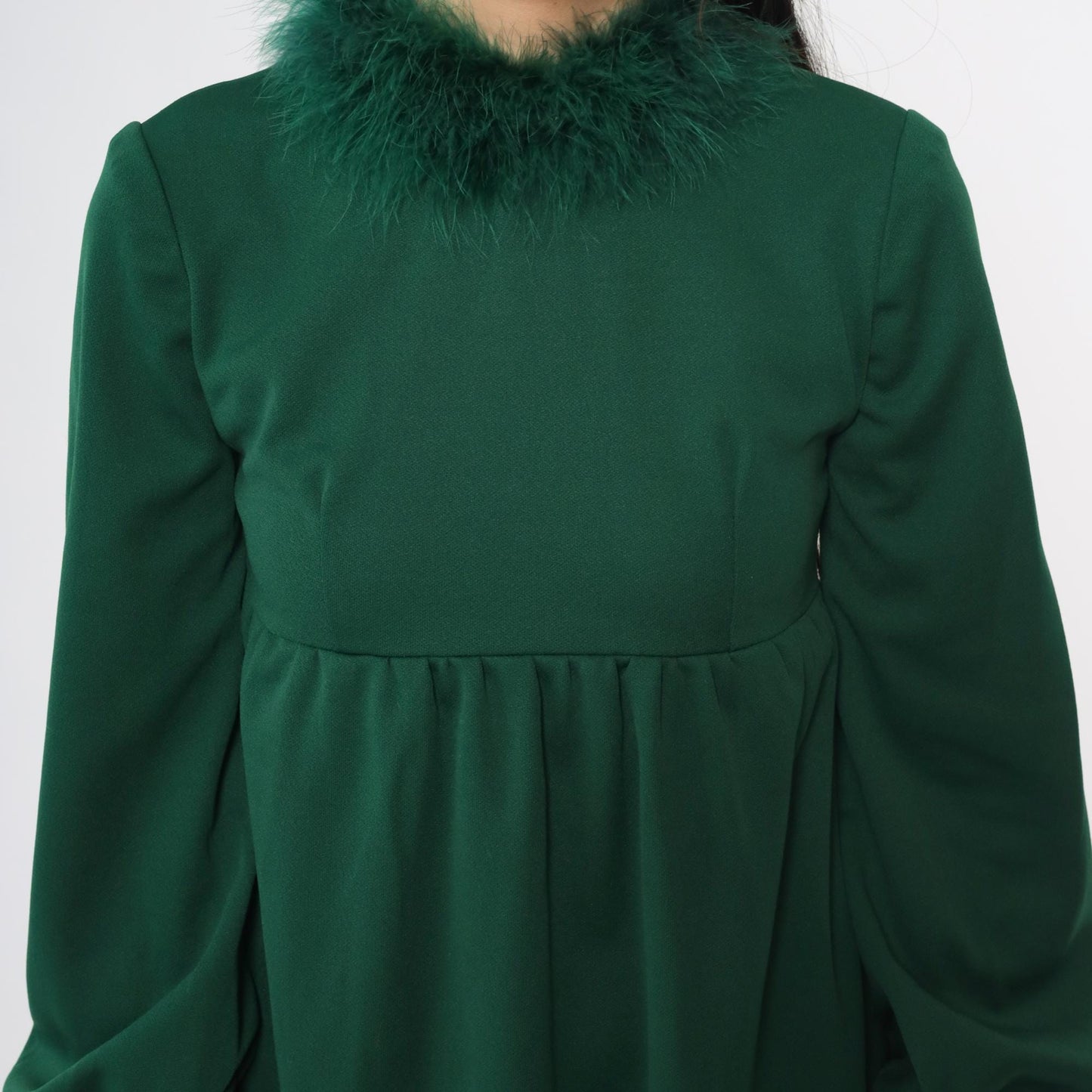 70s Green Marabou Feather Mini Dress High Neck Empire Waist Puff Sleeve Extra Small