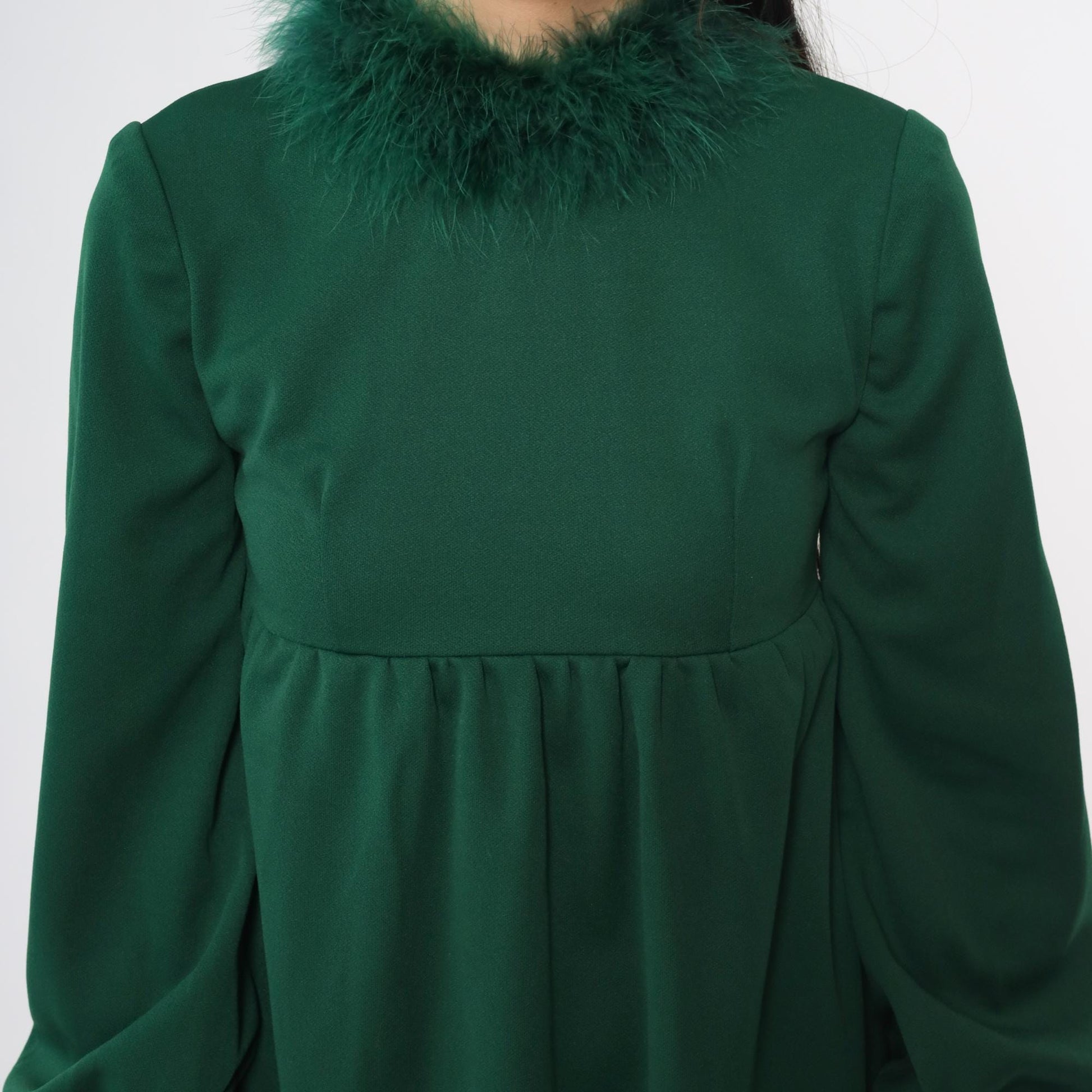 70s Green Marabou Feather Mini Dress High Neck Empire Waist Puff Sleeve Extra Small