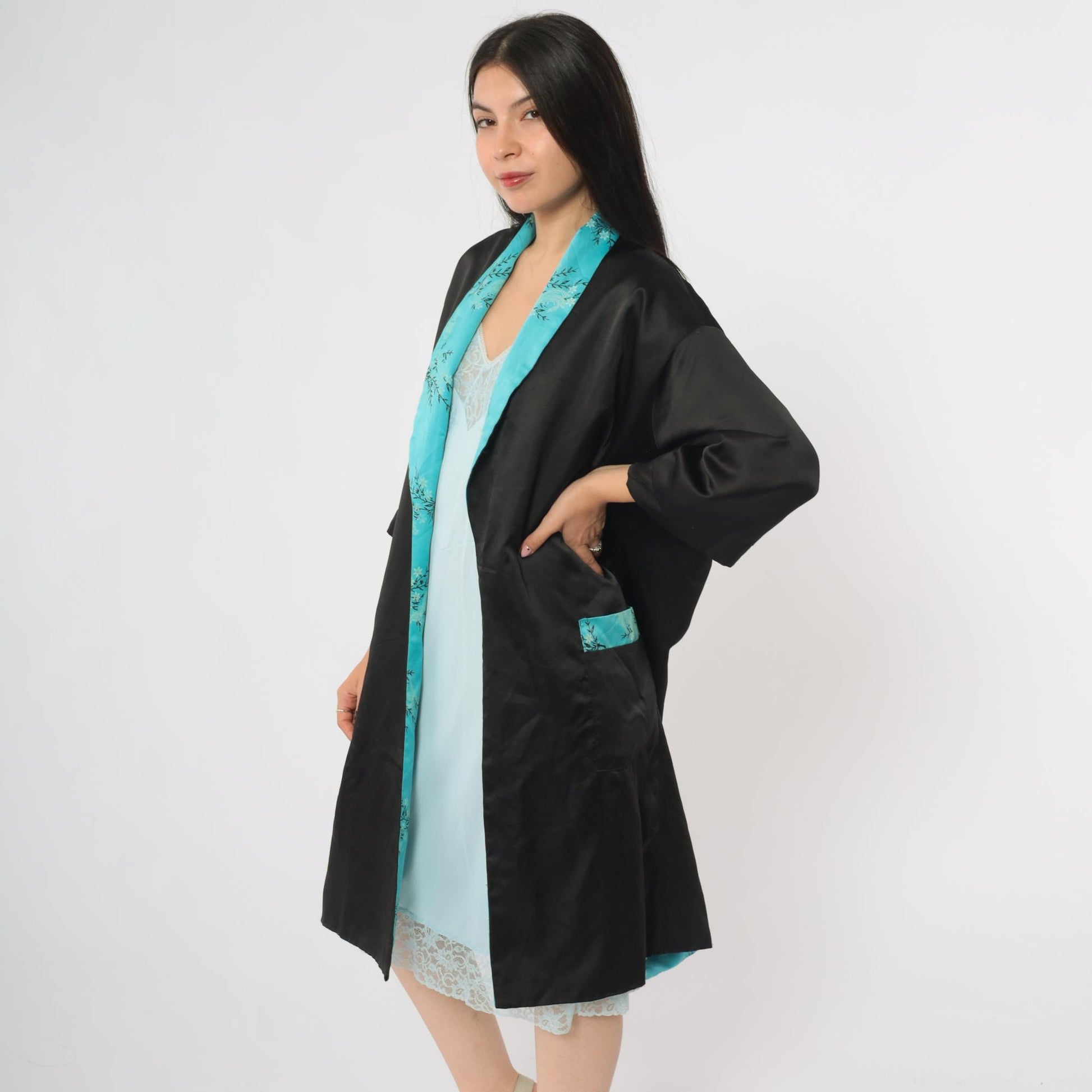 90s Dragon Reversible Satin Kimono Robe Black Turquoise Embroidered Small