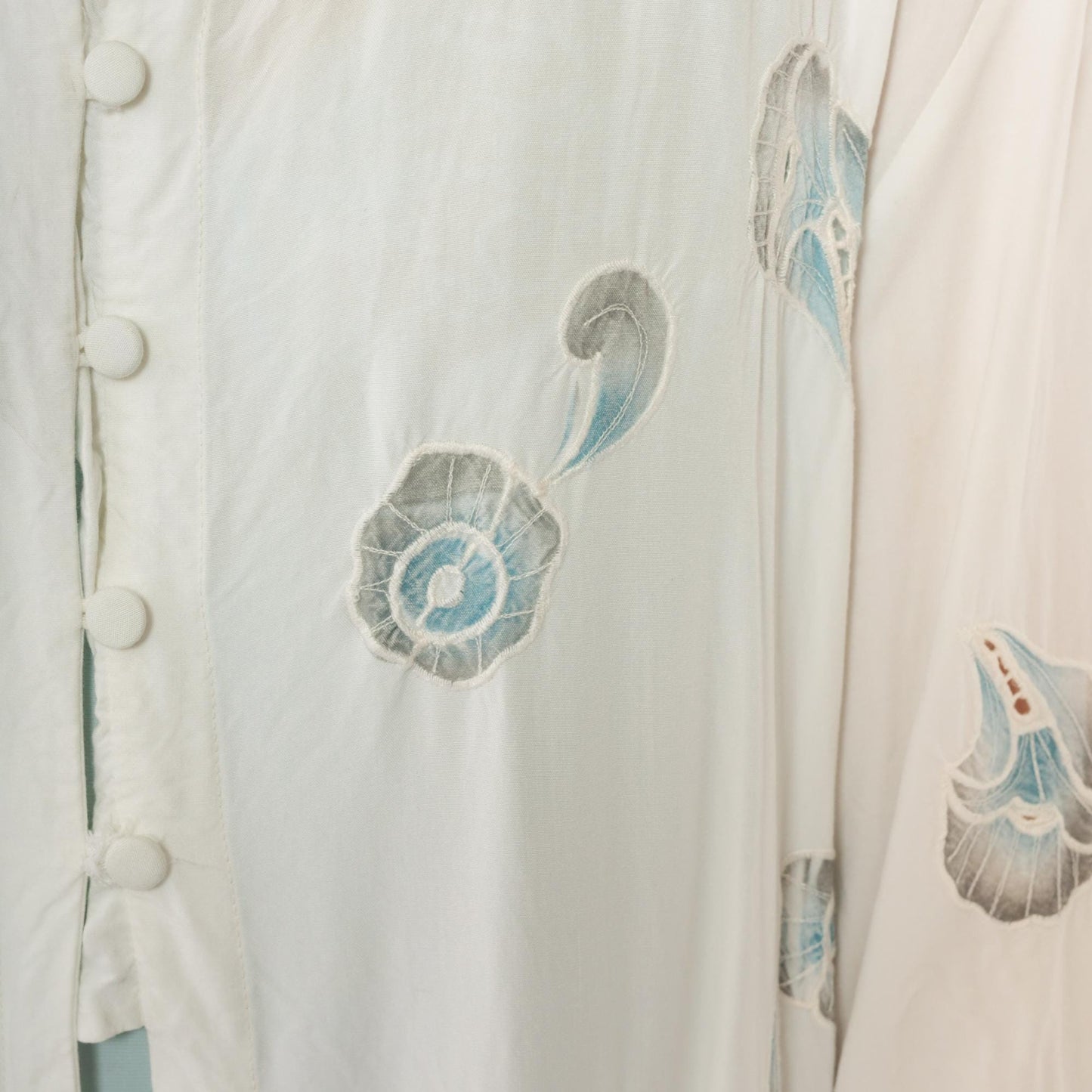 90s White Peacock Feather Kimono Cotton Midi Open Front Band Collar Medium Large