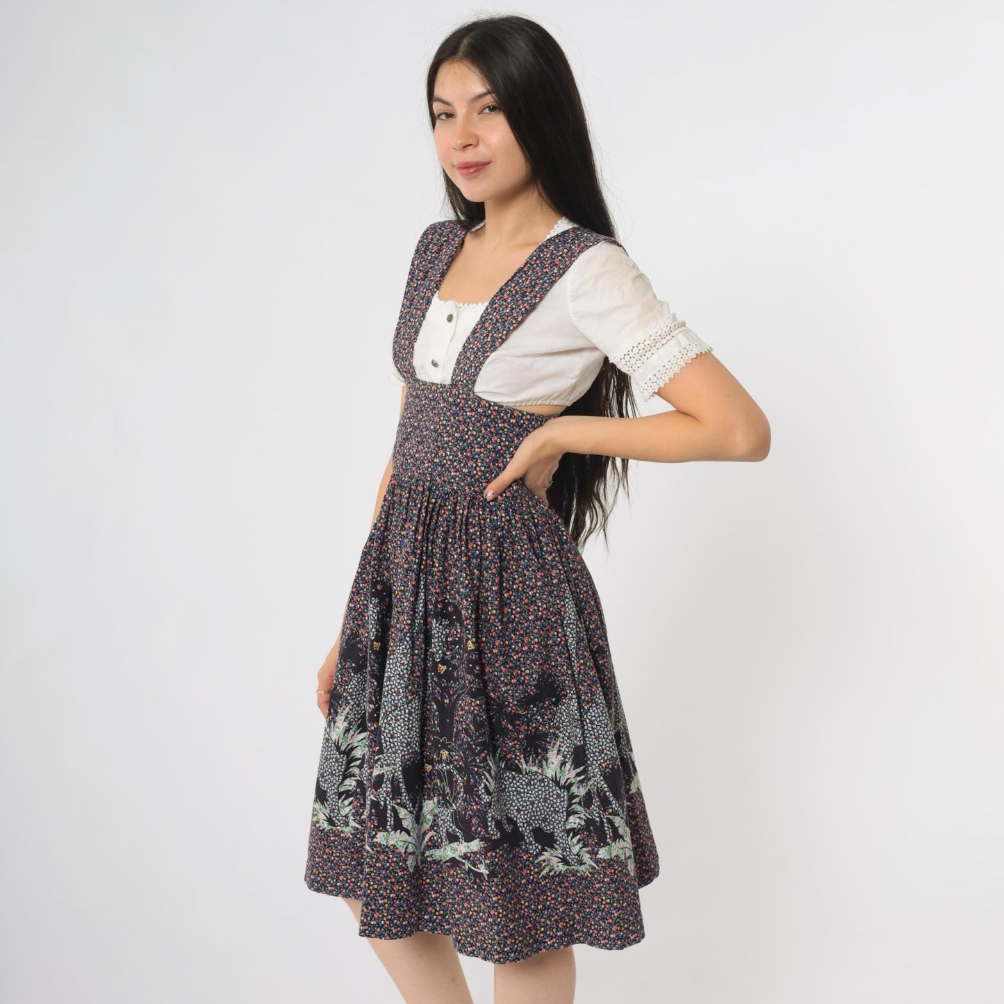 80s Giraffe Print Pinafore Dress Navy Full Circle Skirt Cotton Midi Small