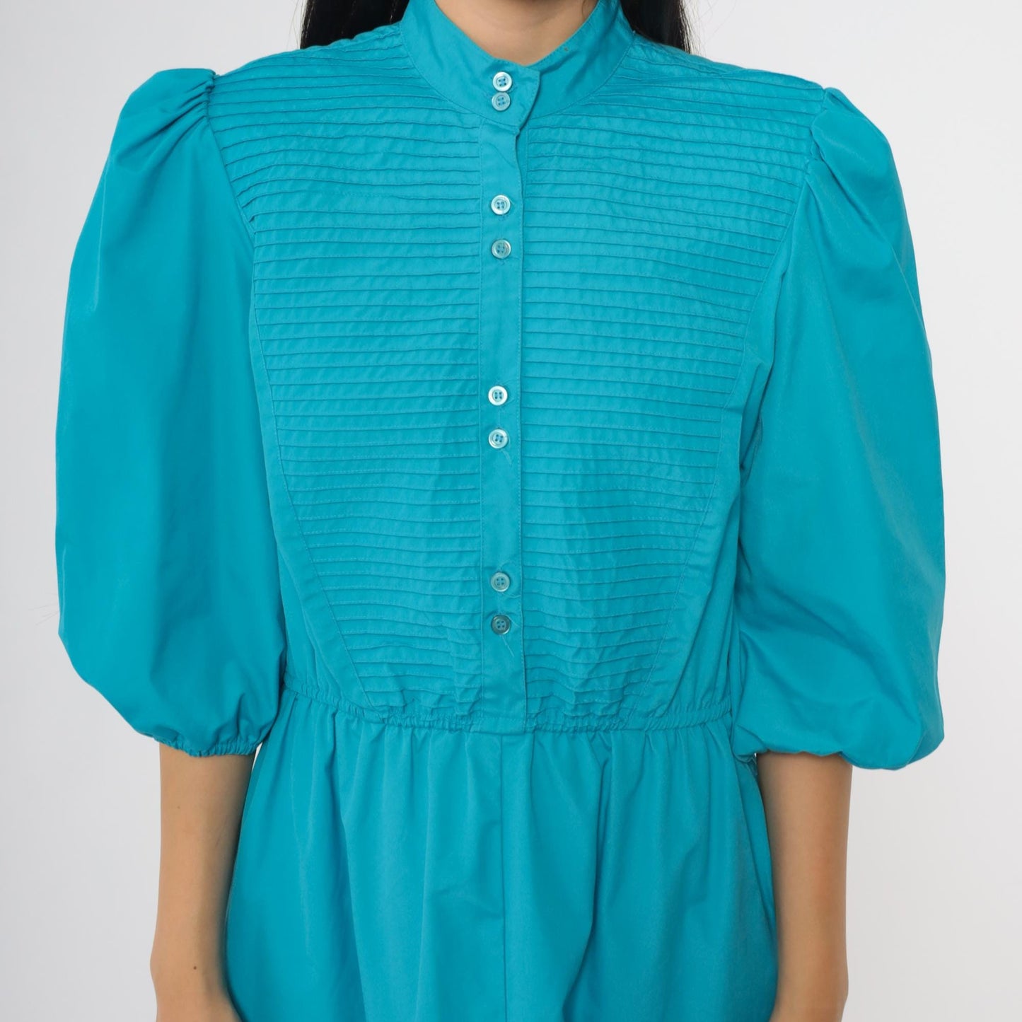 80s Turquoise Midi Dress Puff Sleeve Button Front Pintuck Bodice Medium