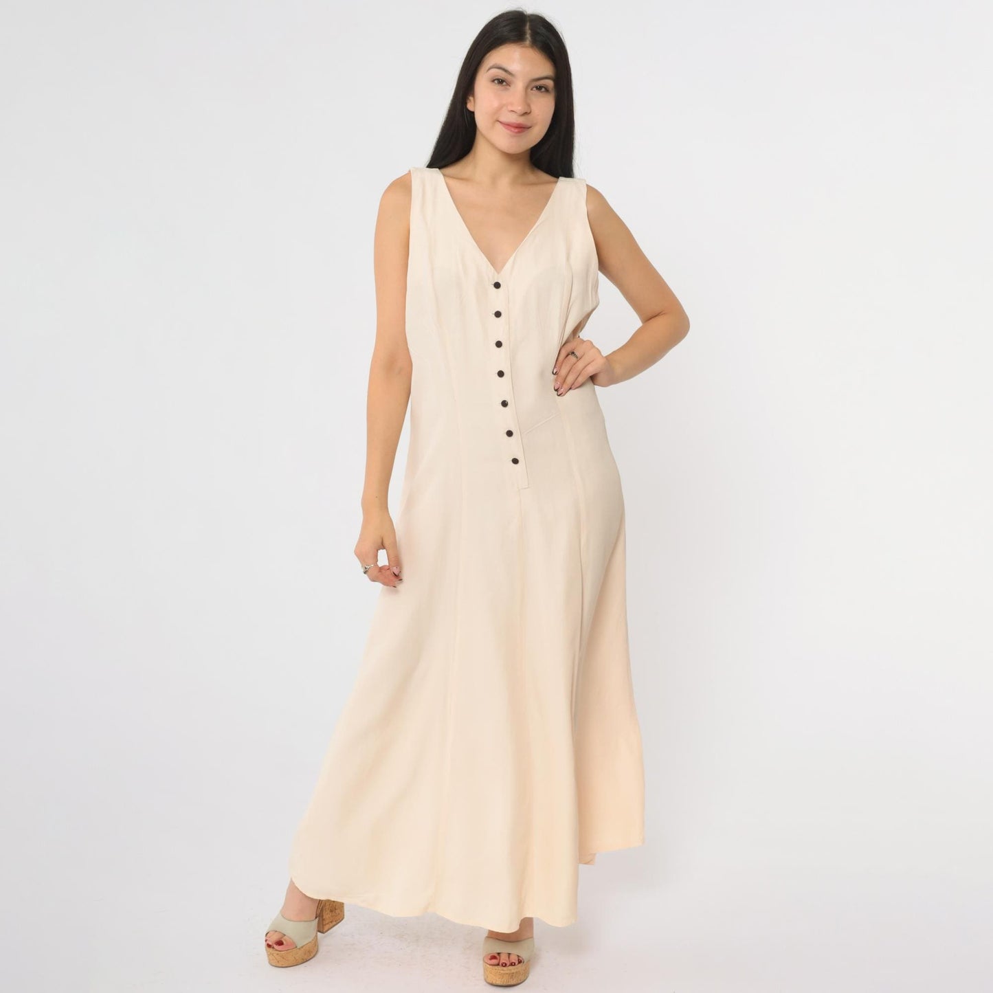 90s Cream Maxi Dress Button Front Deep V Neck Sleeveless Large L
