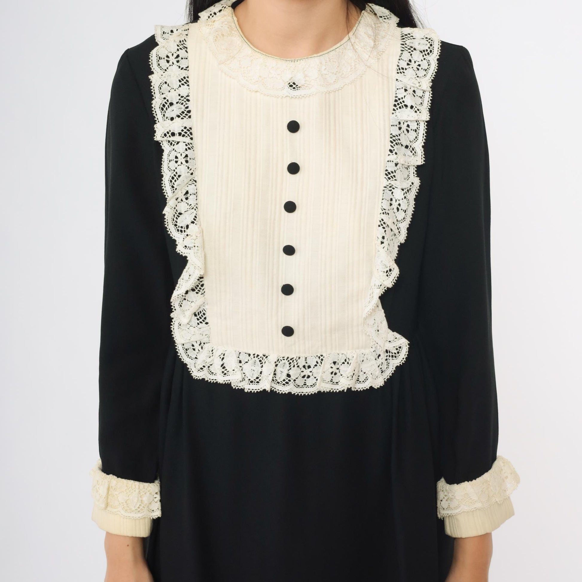 60s Black Babydoll Mini Dress White Lace Bib Long Sleeve Medium