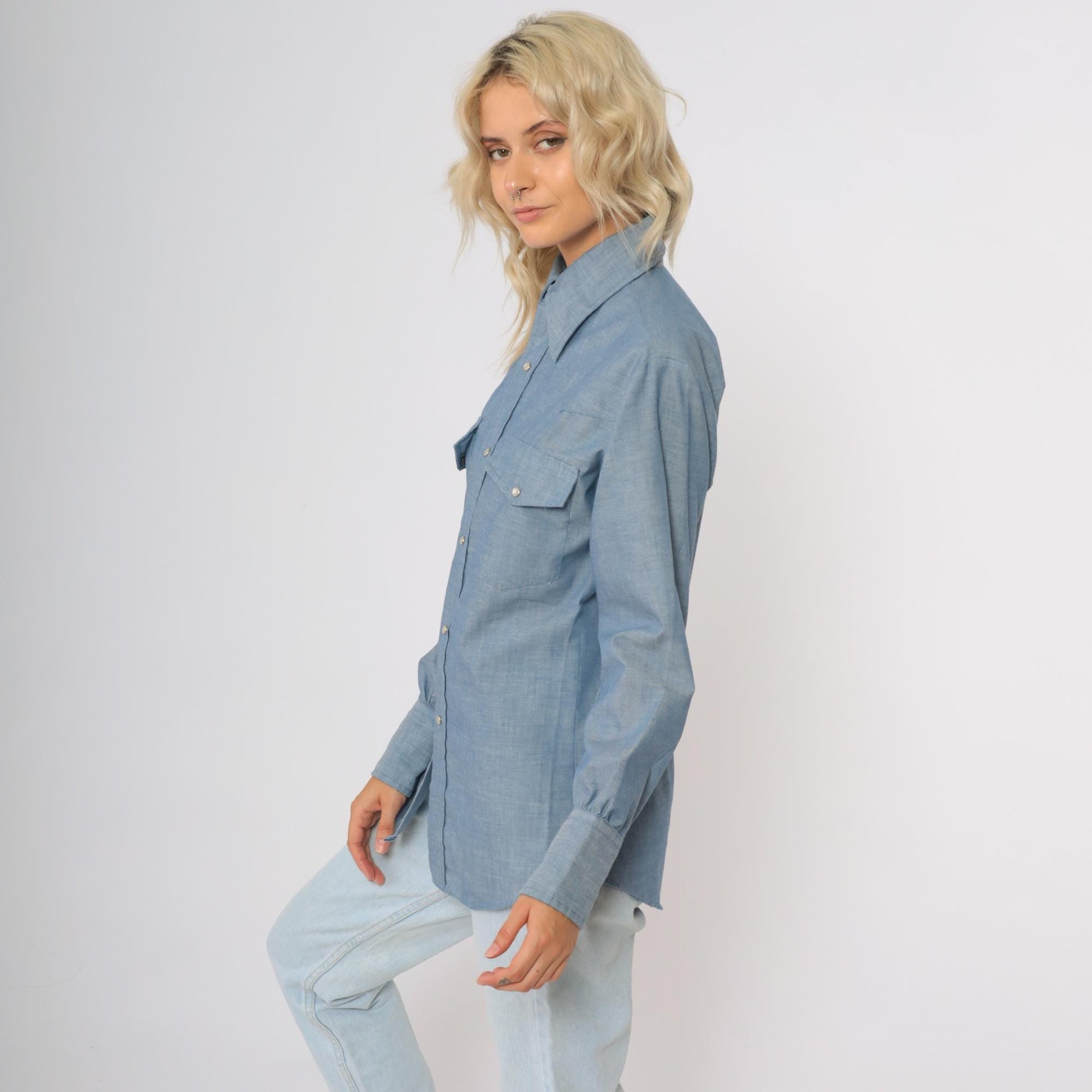70s Continental Casuals Western Chambray Shirt Blue Pearl Snap Small