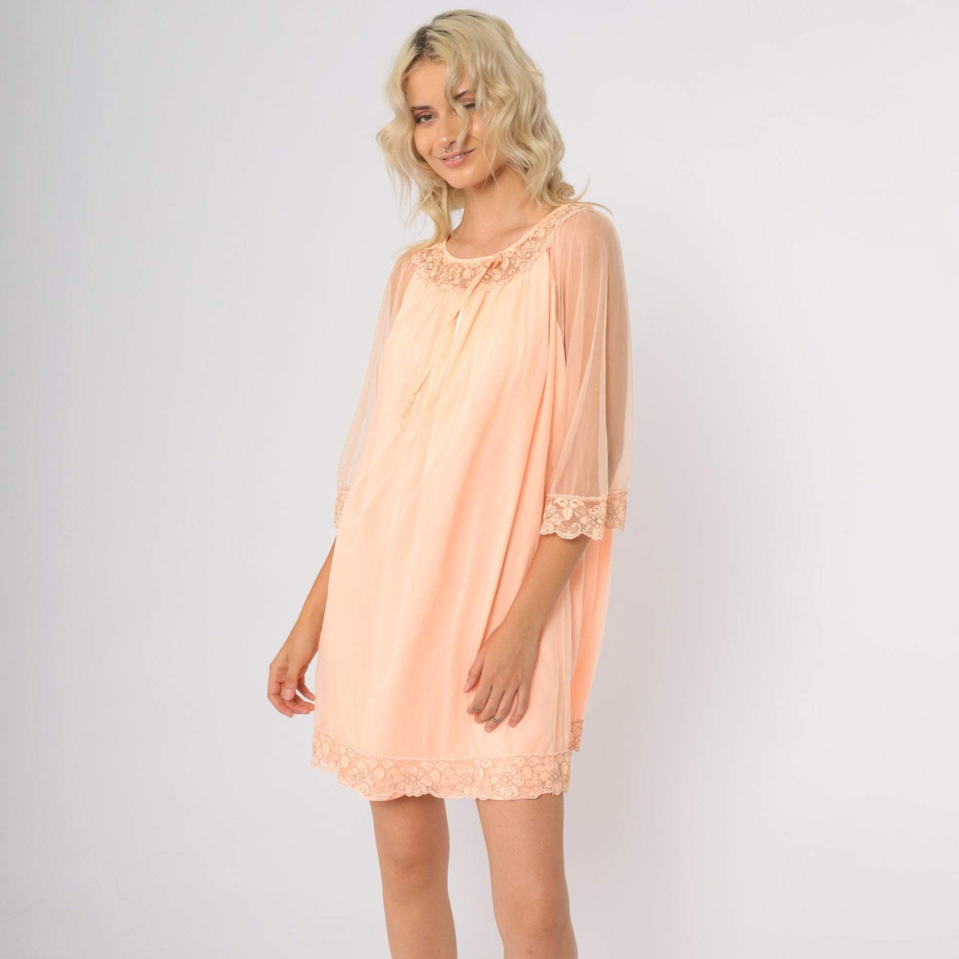 70s Avian Peach Babydoll Nightgown Lace Trim Mini Lingerie Large L