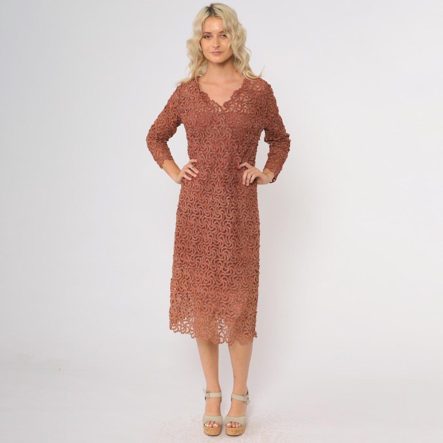 70s Copper Brown Metallic Lace Cocktail Dress Long Sleeve Scalloped Midi Medium