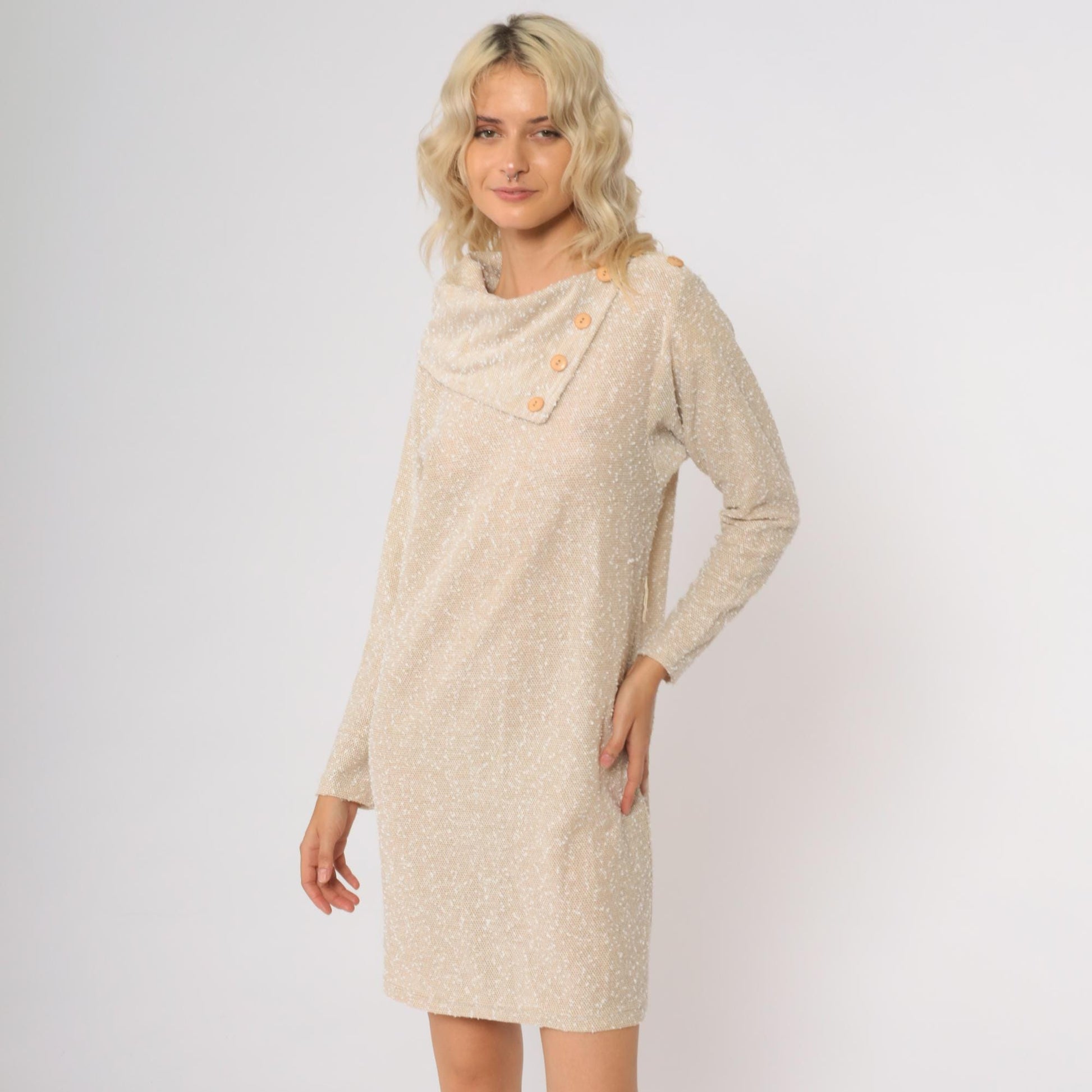 80s Beige Knit Shift Dress Asymmetrical Collar Long Sleeve Knee Length Medium M