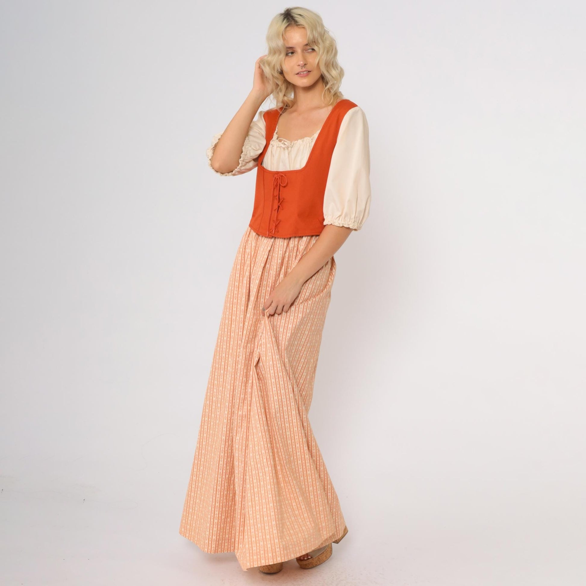 70s Prairie Maxi Dress Lace-Up Corset Bodice Puff Sleeve Orange Cream Medium M