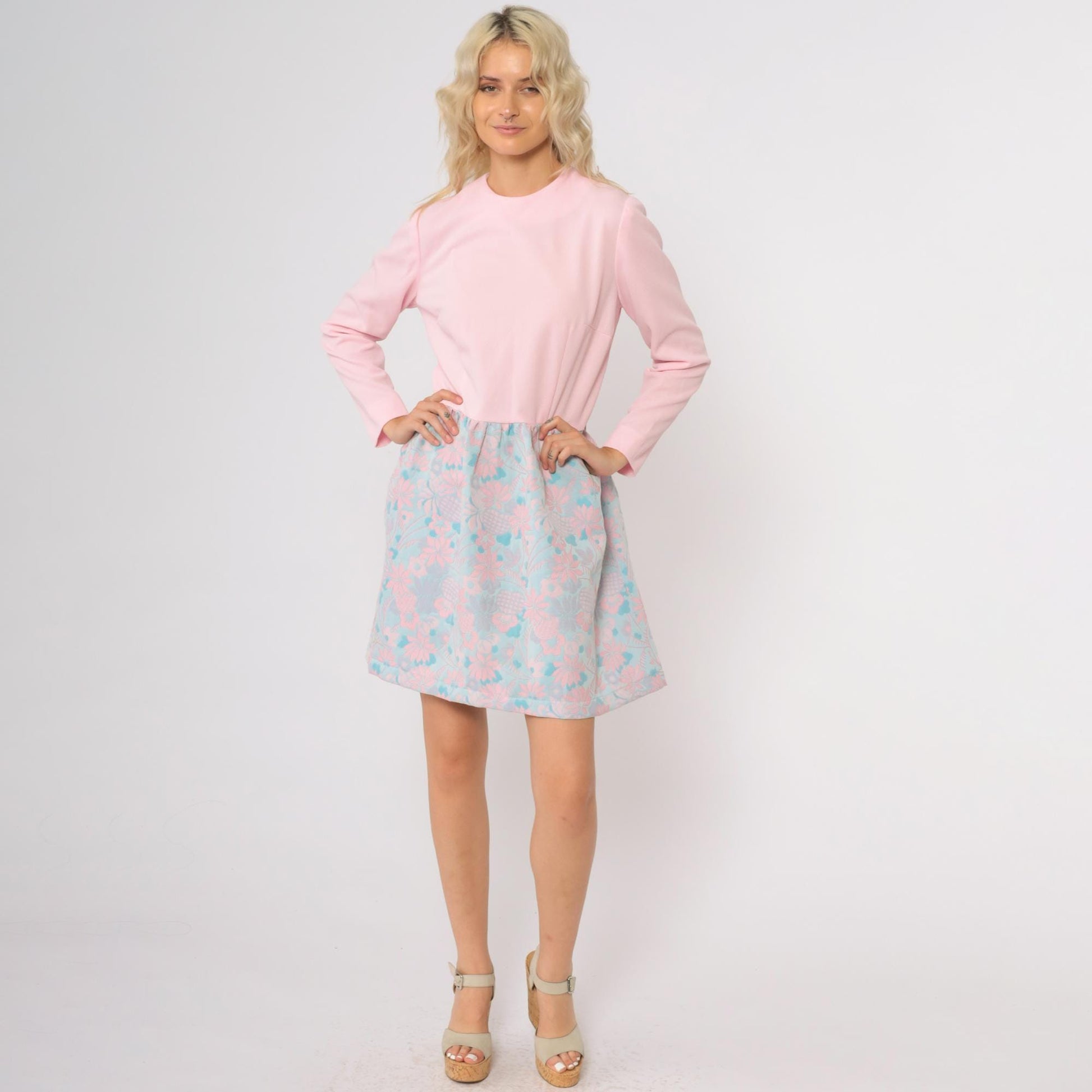 70s Pink Aqua Floral Mini Dress Long Sleeve Mock Neck A-Line Large