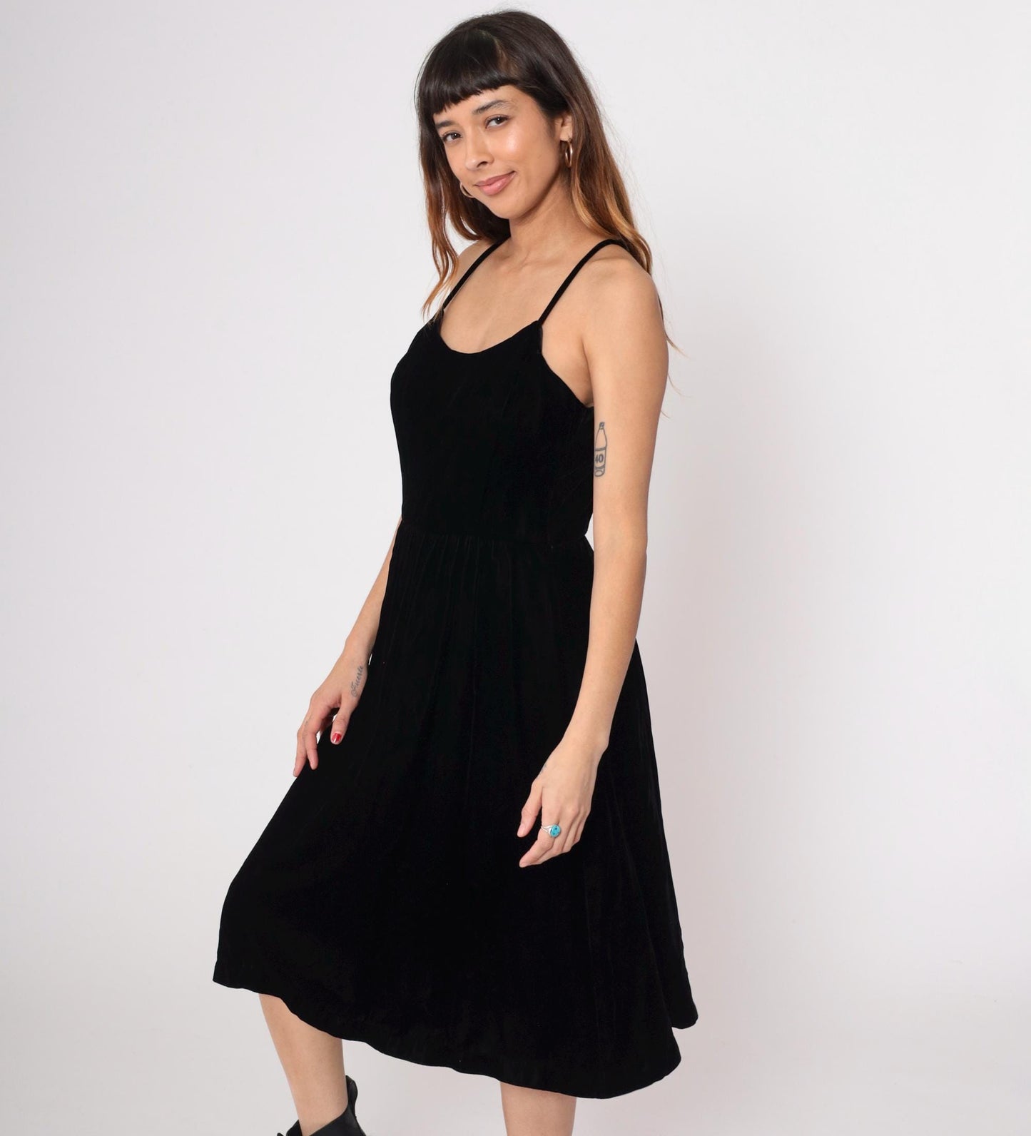 90s Black Velvet Midi Dress Spaghetti Strap Scoop Neck Large L