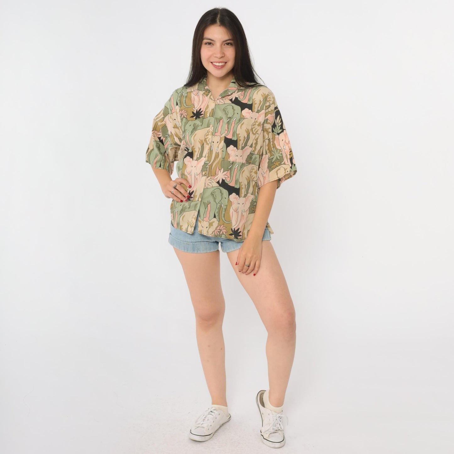 90s Soho Elephant Print Shirt Cotton Button Front Small