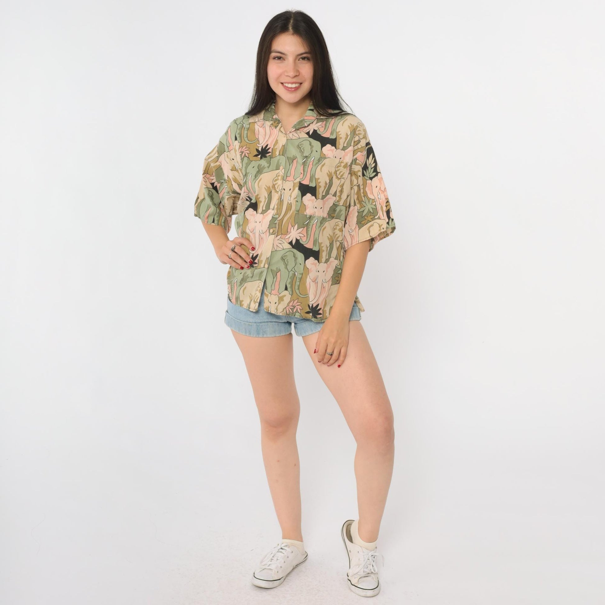 90s Soho Elephant Print Shirt Cotton Button Front Small