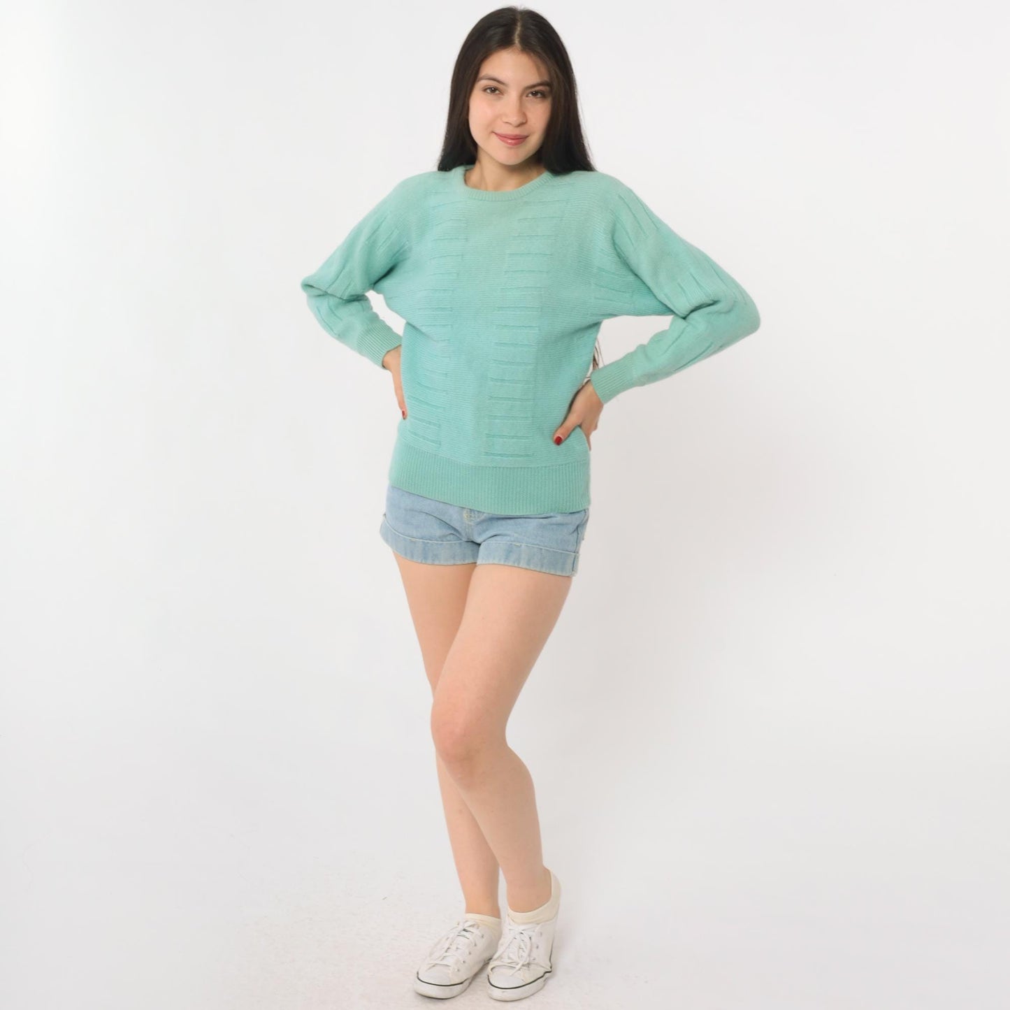 80s Kaelin Mint Green Wool Crew Neck Pullover Textured Knit Small S