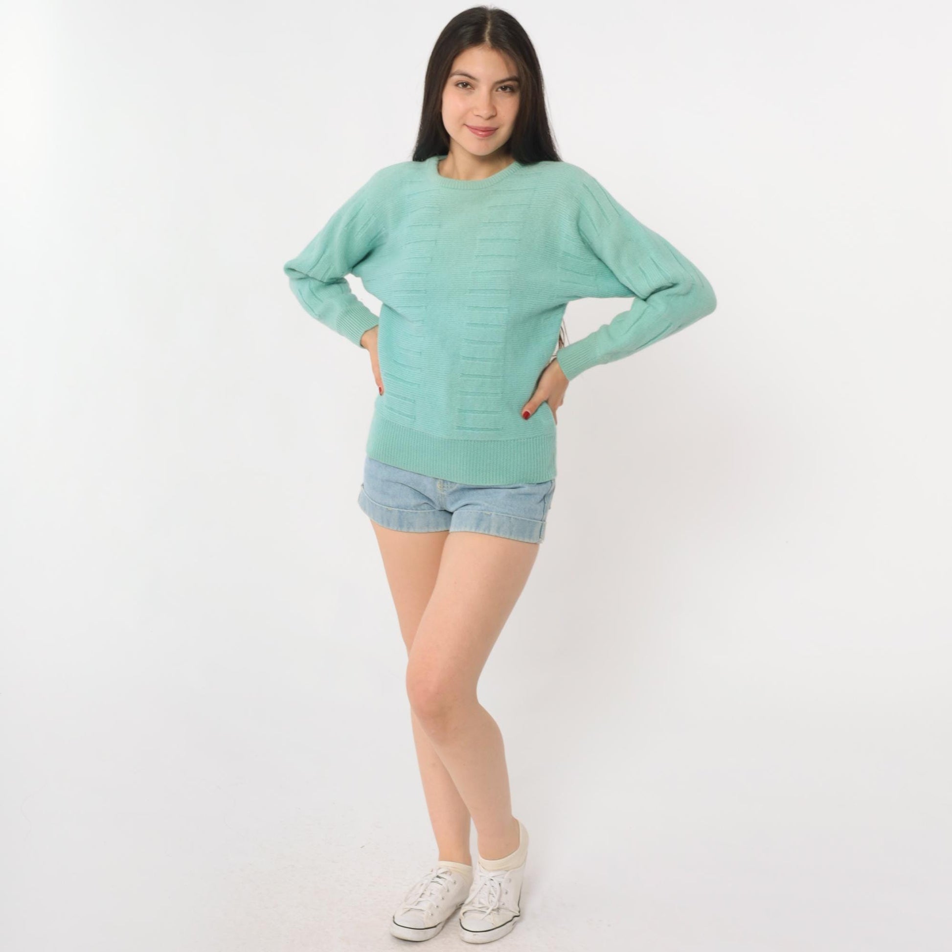 80s Kaelin Mint Green Wool Crew Neck Pullover Textured Knit Small S