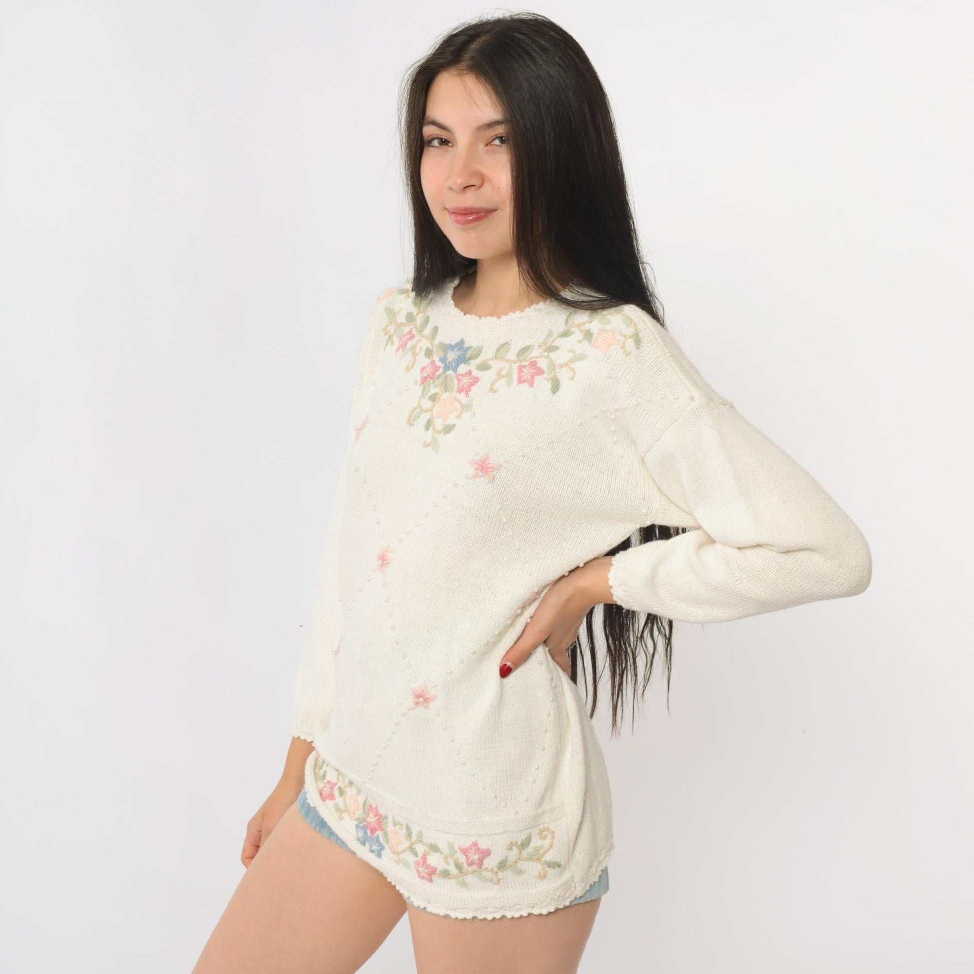 90s Carolyn Taylor Cream Floral Embroidered Sweater Small S