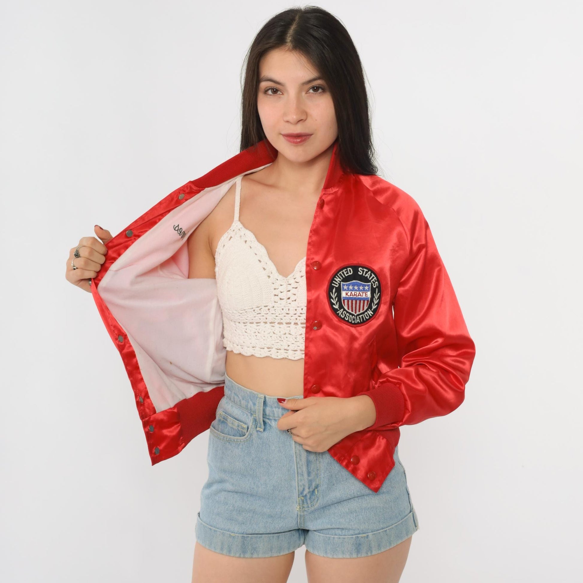 90s Capricorn Red Satin Bomber Jacket Karate Patch Medium