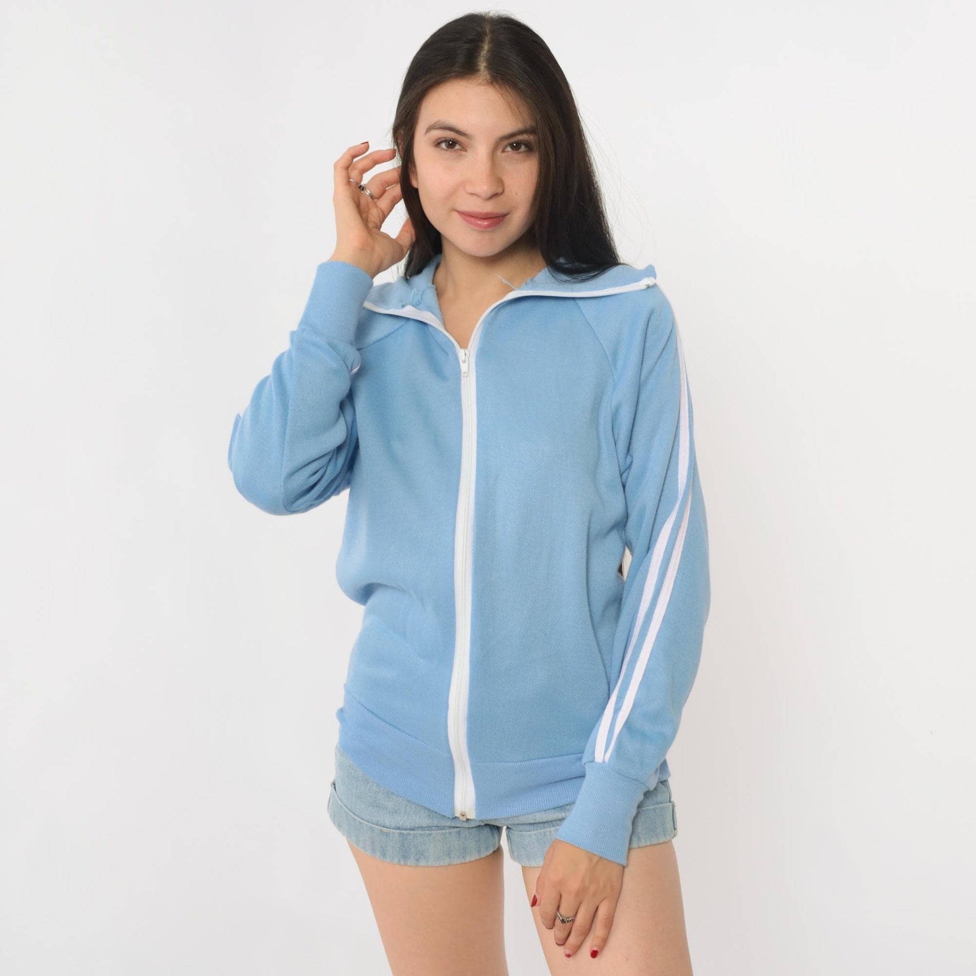 80s Sears Light Blue Striped Track Jacket Zip Front Hoodie Small