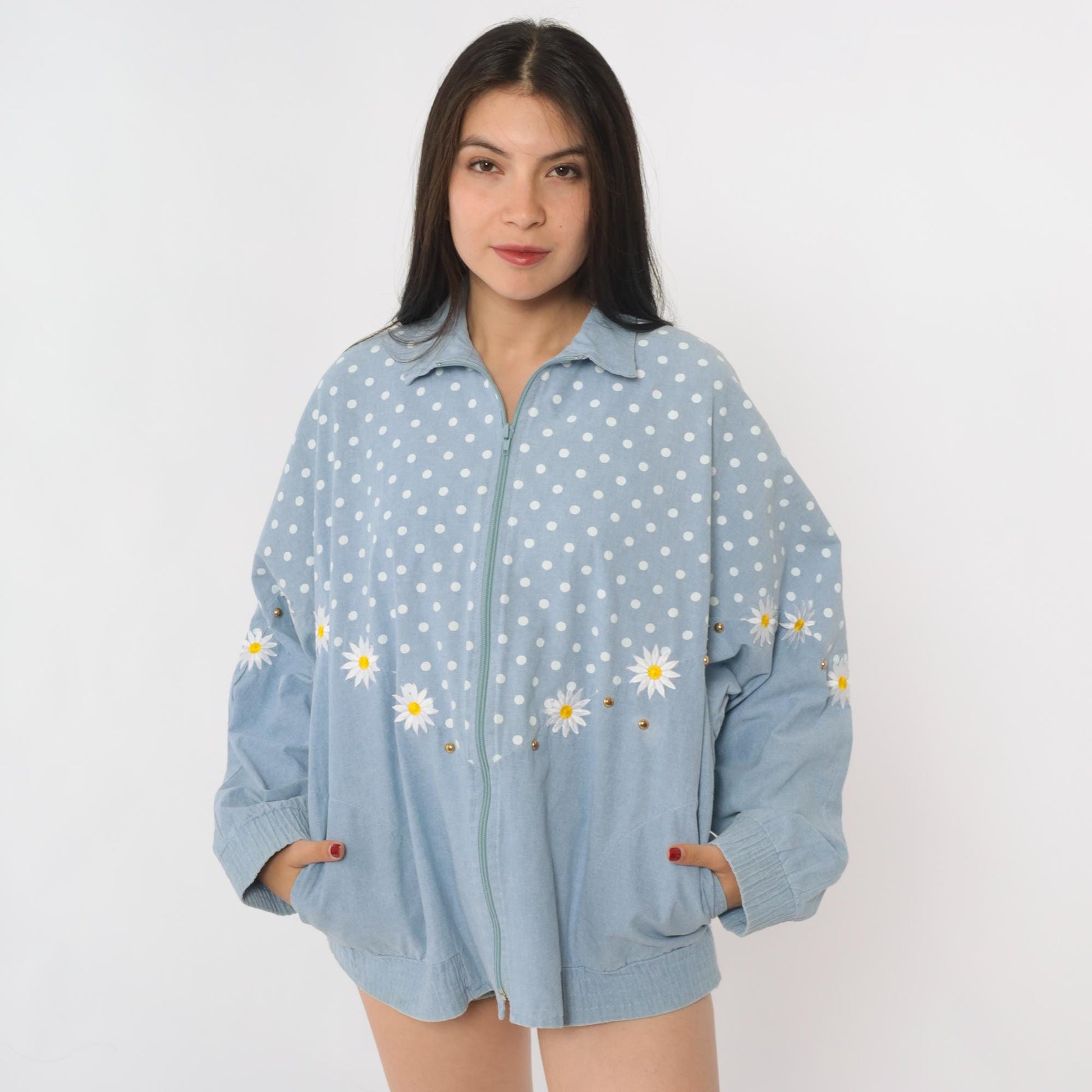 90s Gepetto Blue Polka Dot Daisy Embroidered Cotton Jacket Small