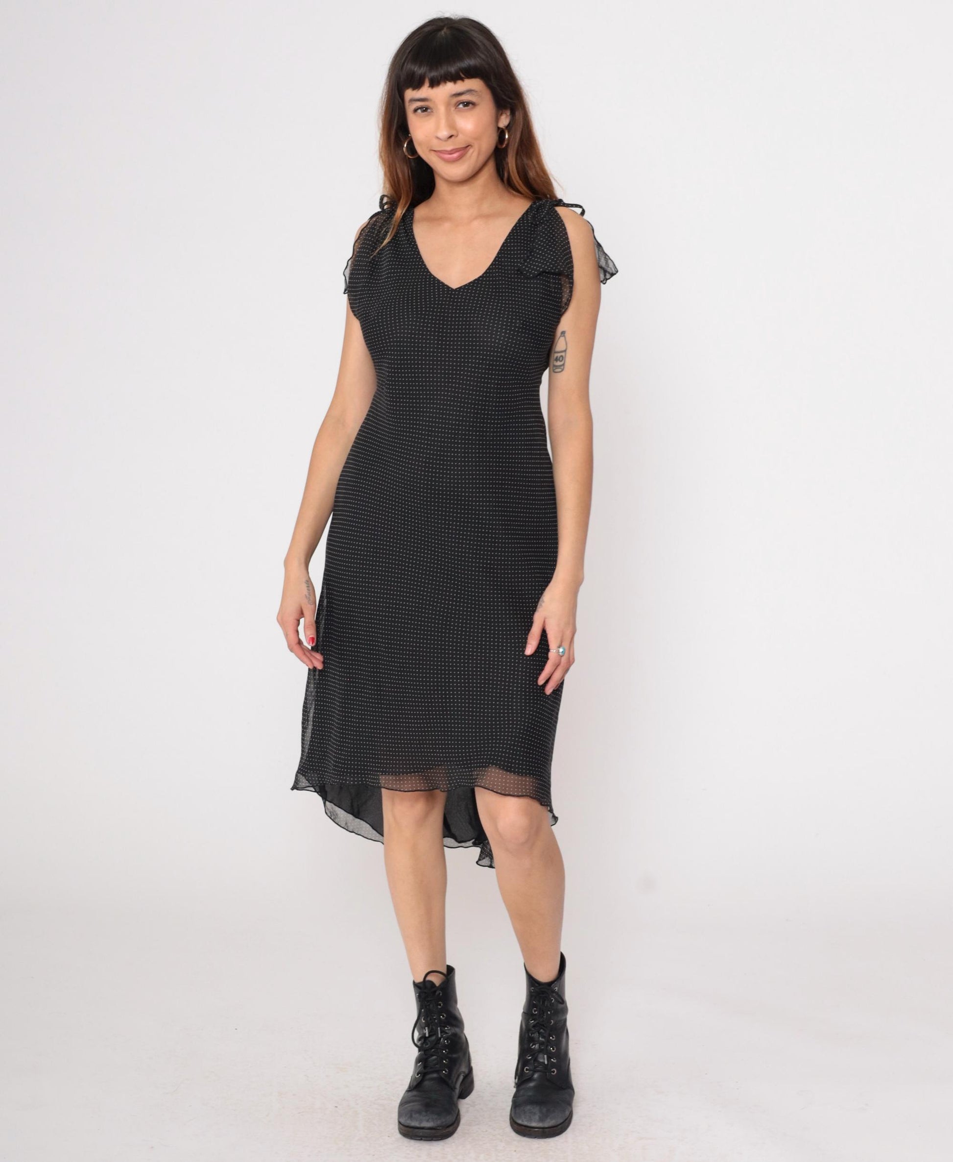 90s Black Swiss Dot Midi Dress Sleeveless V-Neck Tie Shoulder Chiffon Medium