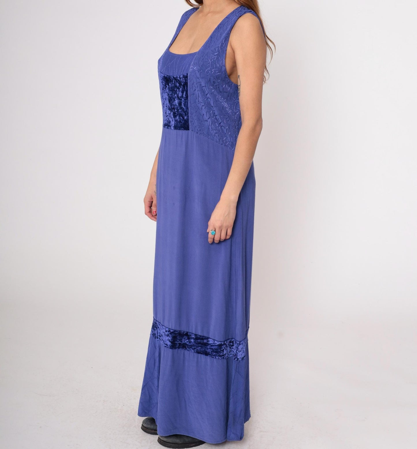Y2K Purple Velvet Maxi Dress Milieu Sleeveless Empire Waist Large L