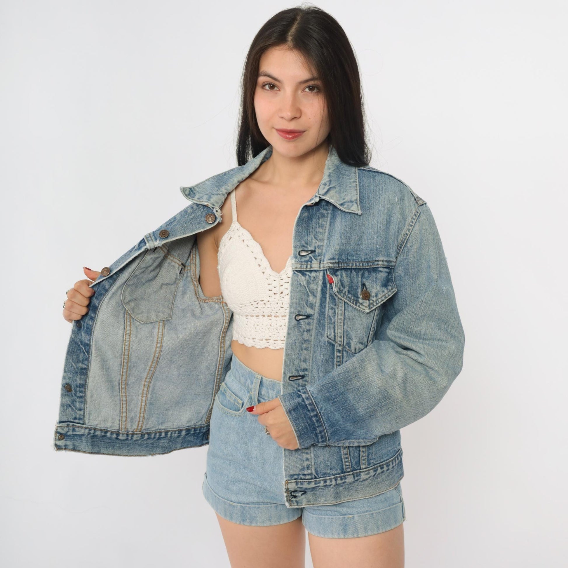80s Levi's Distressed Denim Jacket Light Blue Trucker Medium M