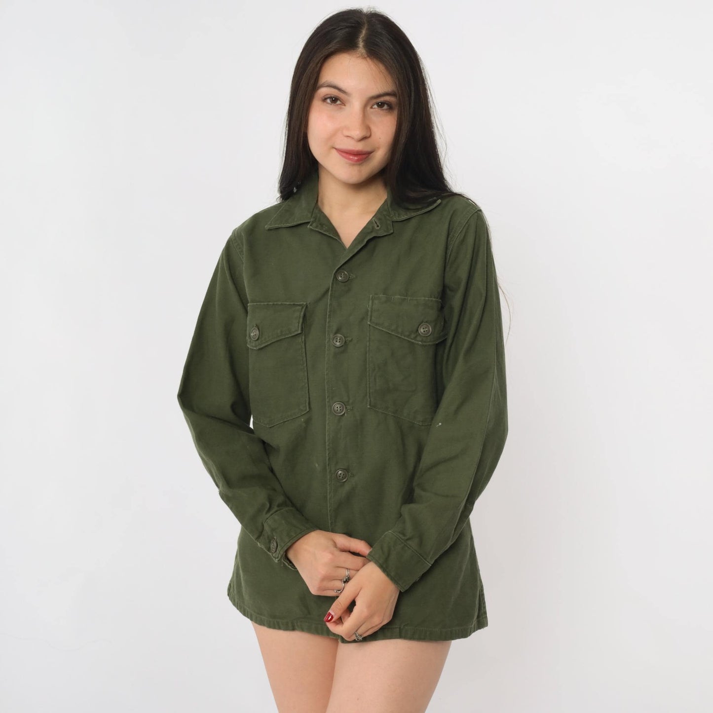 80s Army Green Military Utility Button-Down Shirt Cotton Sateen Small