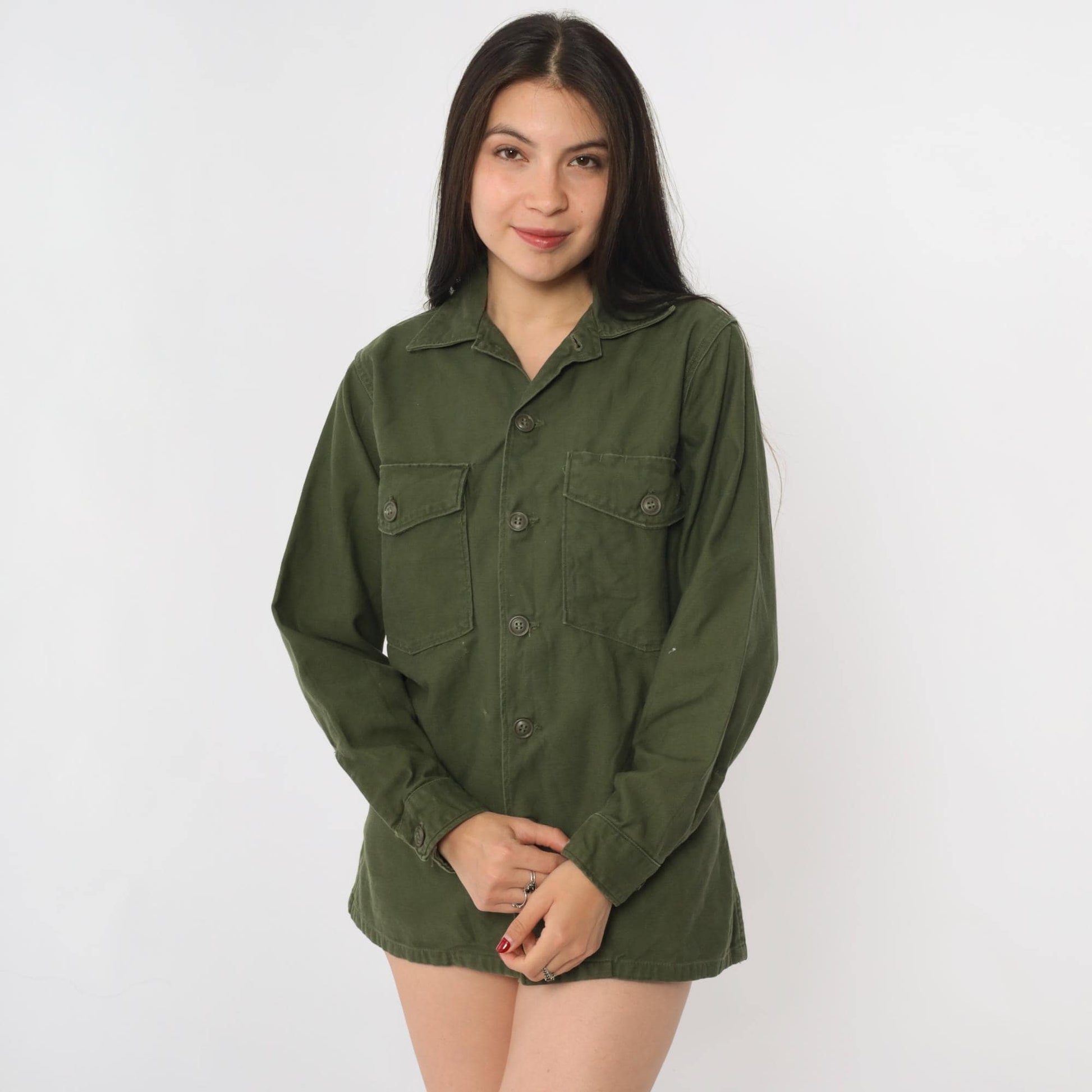 80s Army Green Military Utility Button-Down Shirt Cotton Sateen Small