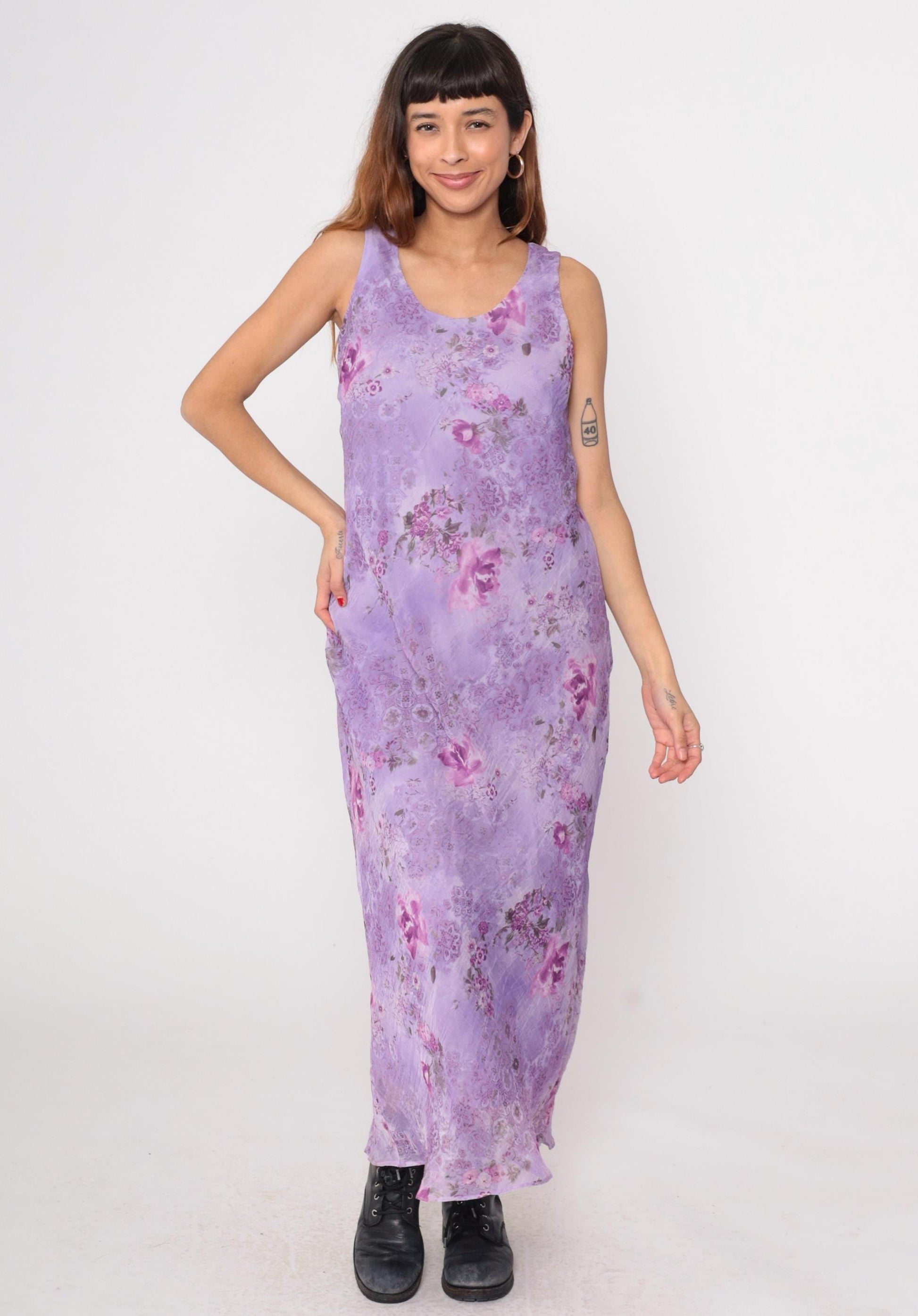 90s K Studio Lavender Floral Maxi Dress Sleeveless V-Neck Chiffon Large