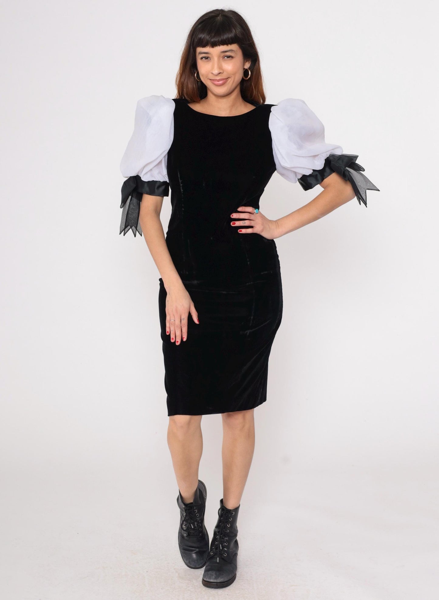 80s Rimini Black Velvet Midi Dress Puff Sleeves White Bow Ties Medium