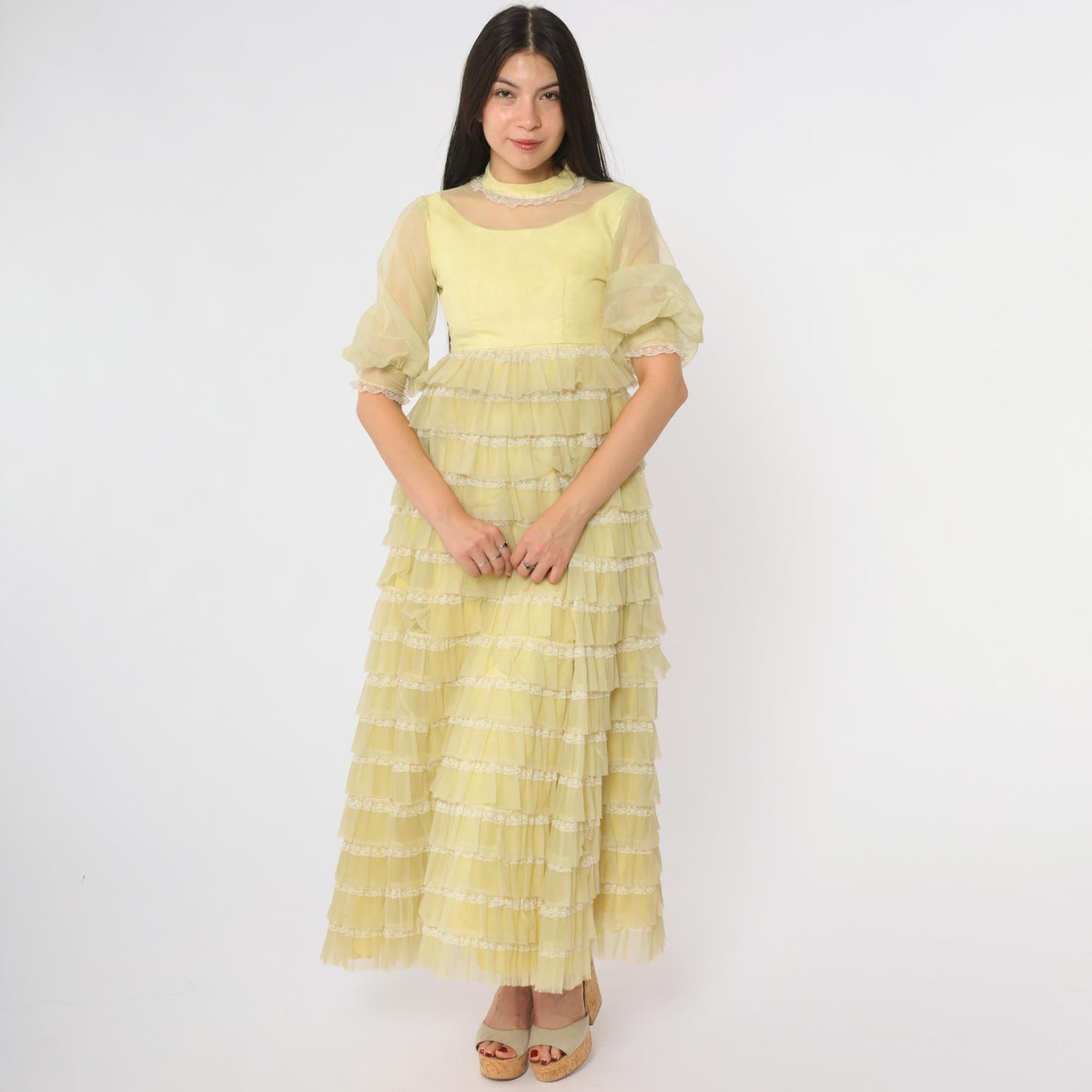 60s Yellow Maxi Dress Tiered Puff Sleeve Lace Trim Extra Small XS
