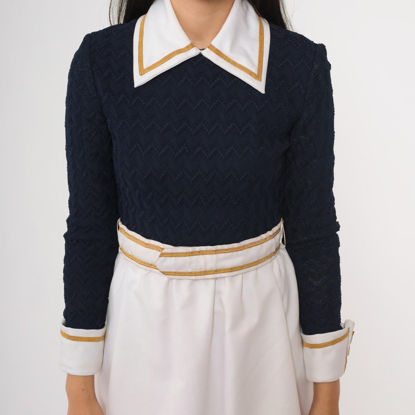 70s Navy Mini Dress Peter Pan Collar Gold Trim A-Line Long Sleeve Extra Small