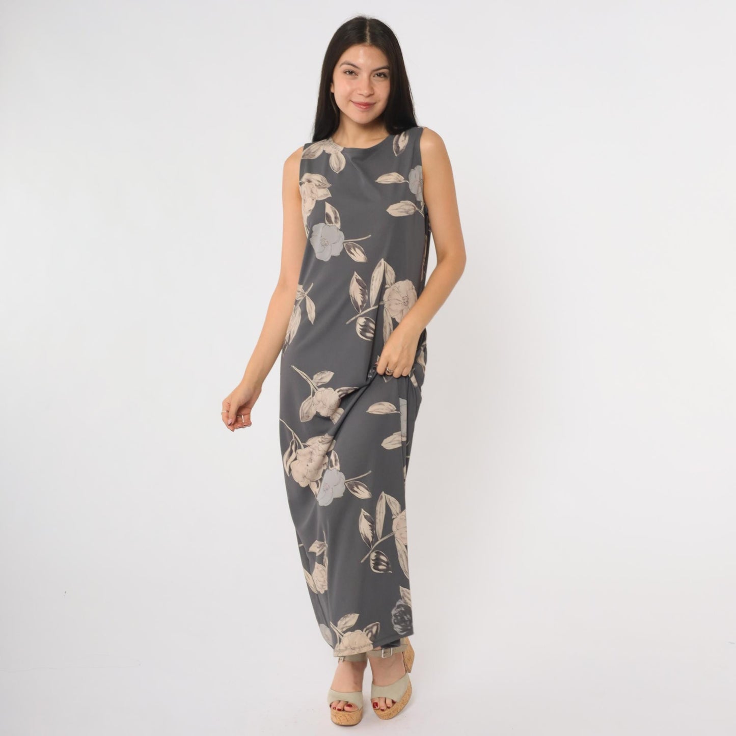 90s Kathie Lee Collection Grey Floral Maxi Dress Sleeveless Tank Medium M