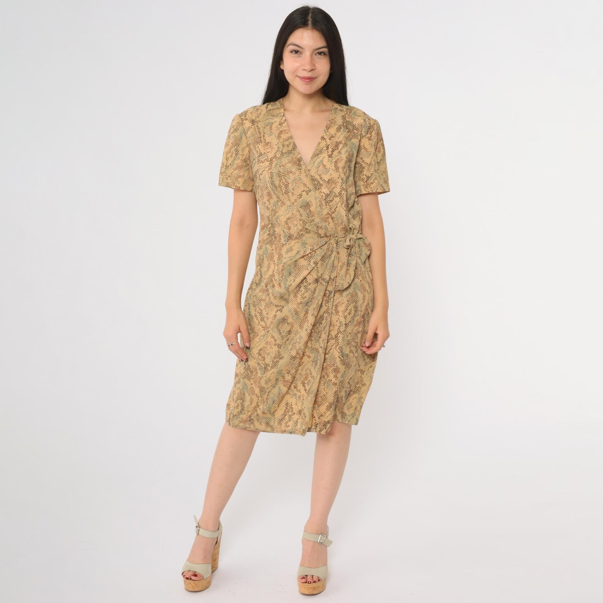90s Talbots Snake Print Wrap Dress Short Sleeve V-Neck Beige Brown Medium