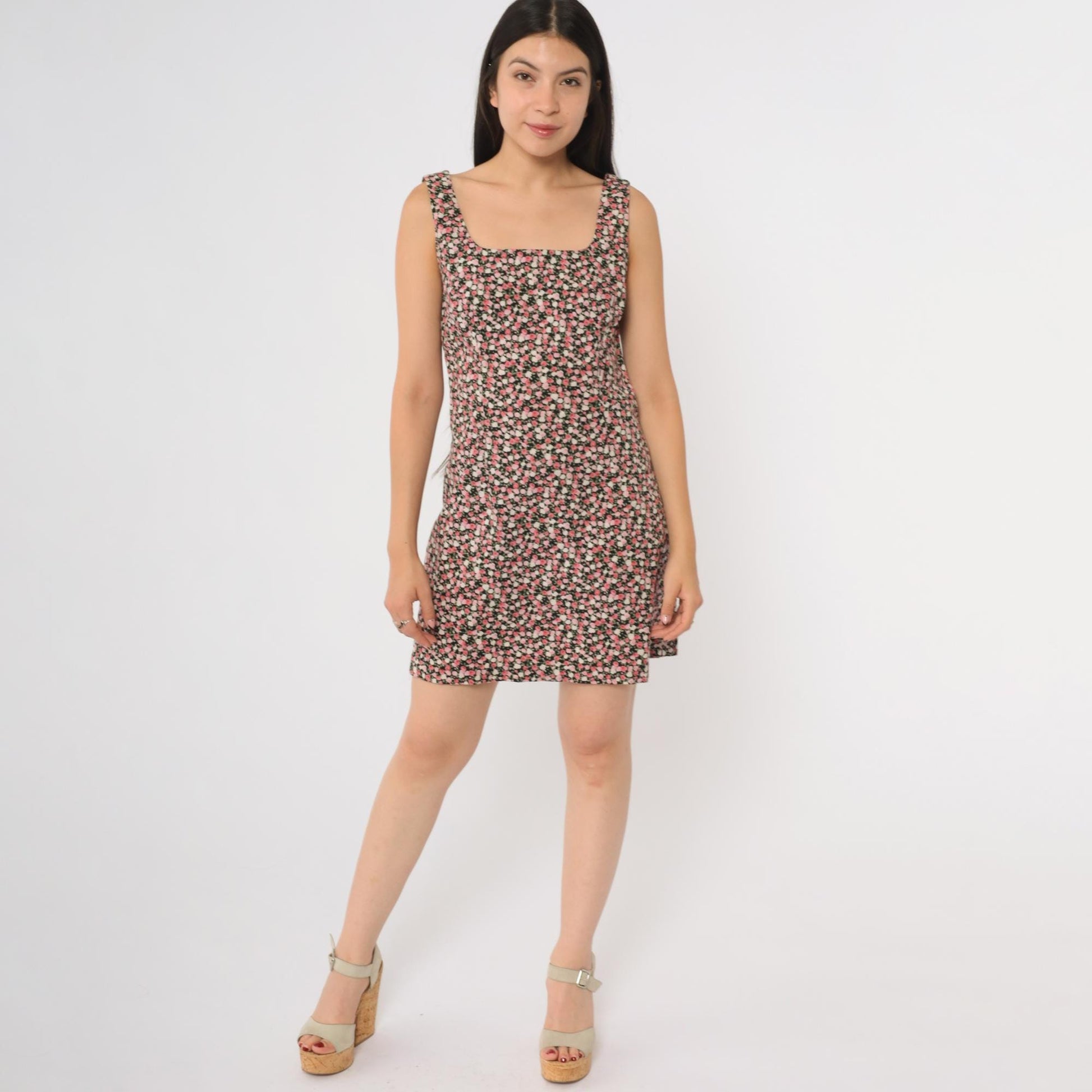 90s Black Floral Mini Dress Square Neck Sleeveless Bodycon Ditsy Print Medium
