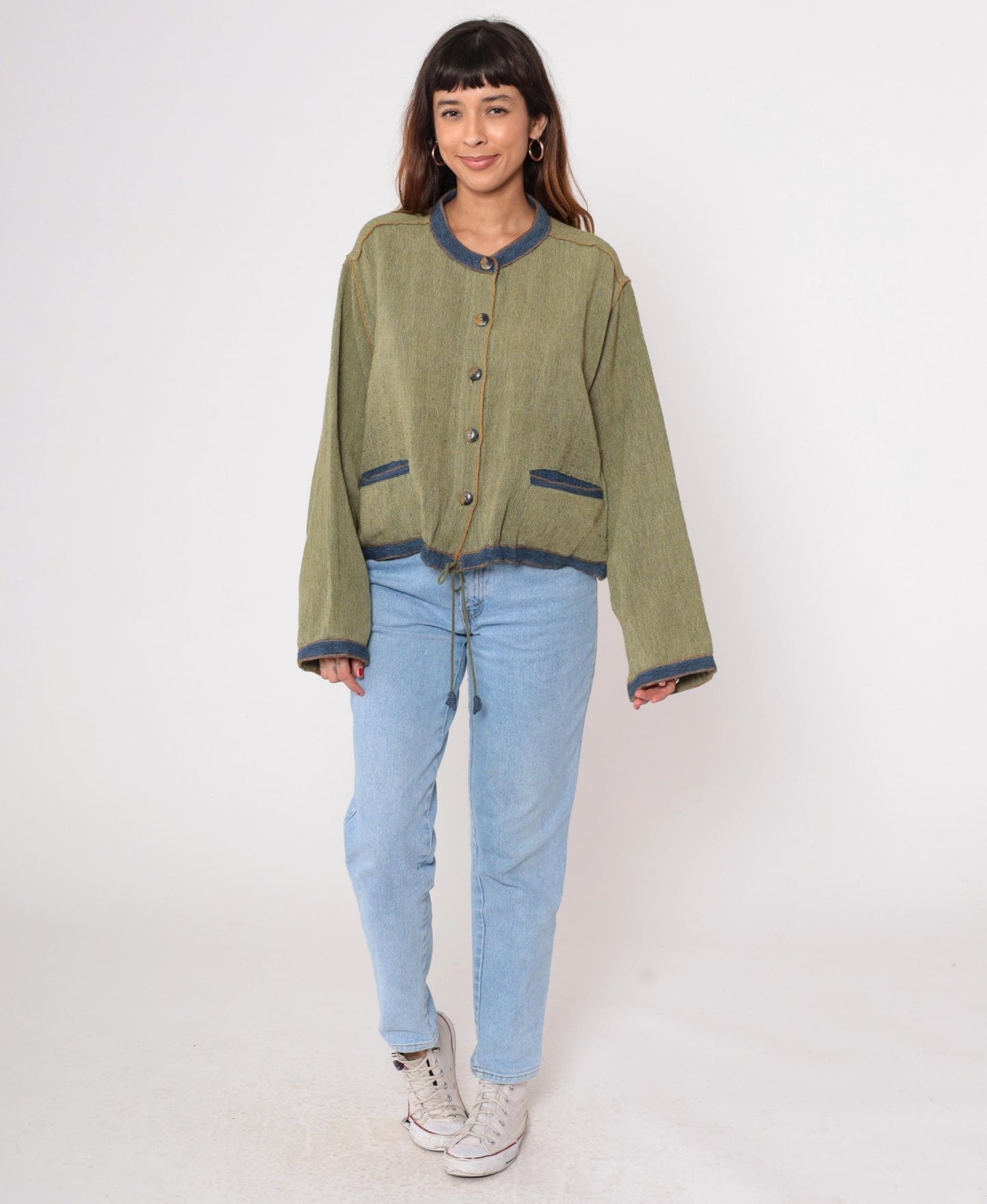 Y2K Tribe Green Cotton Cardigan Blue Trim Drawstring Waist Extra Large XXL