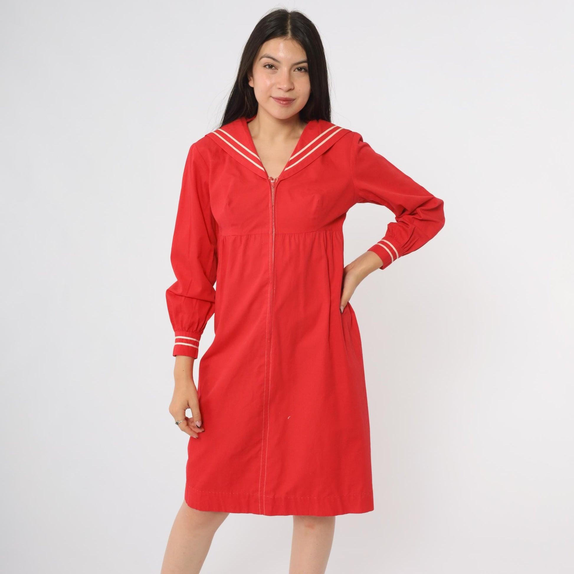 60s Mr. Aref California Red Sailor Dress White Stripe Midi A-Line Small