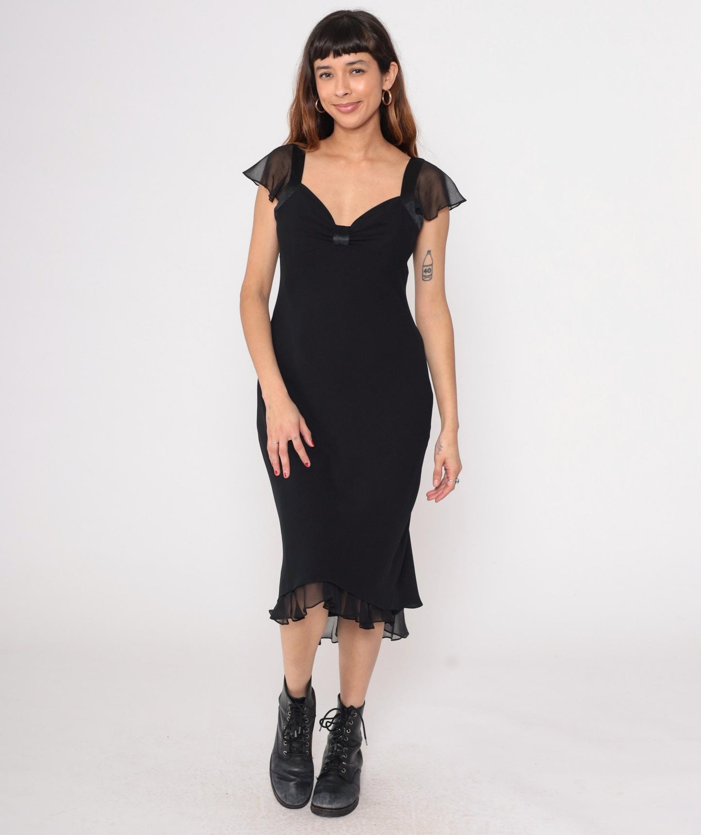 90s Jones Wear Black Chiffon Midi Dress Flutter Sleeve V-Neck Medium
