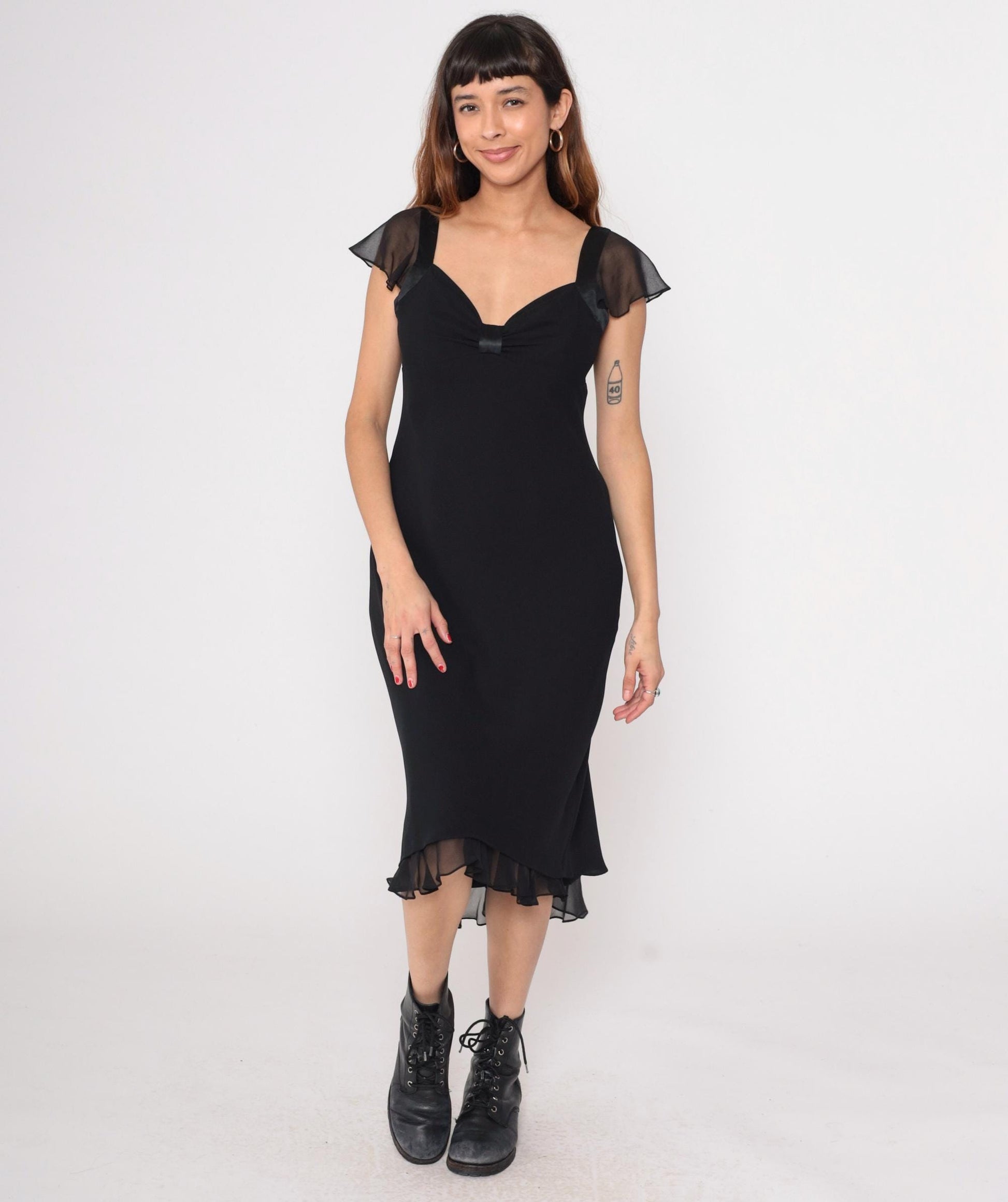 90s Jones Wear Black Chiffon Midi Dress Flutter Sleeve V-Neck Medium