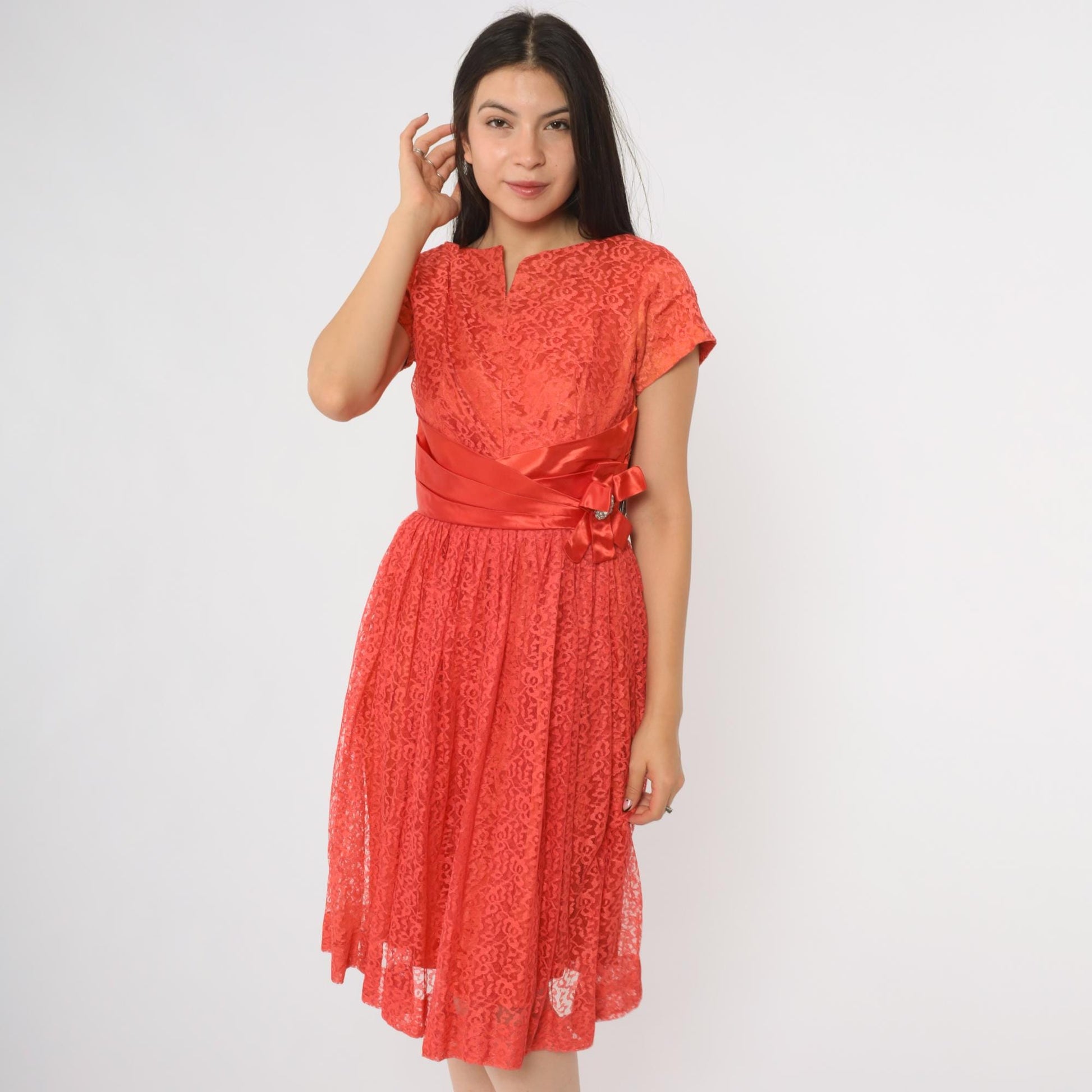 60s Coral Lace Midi Dress V Neck Short Sleeve Bow Belt Rhinestone Brooch XS