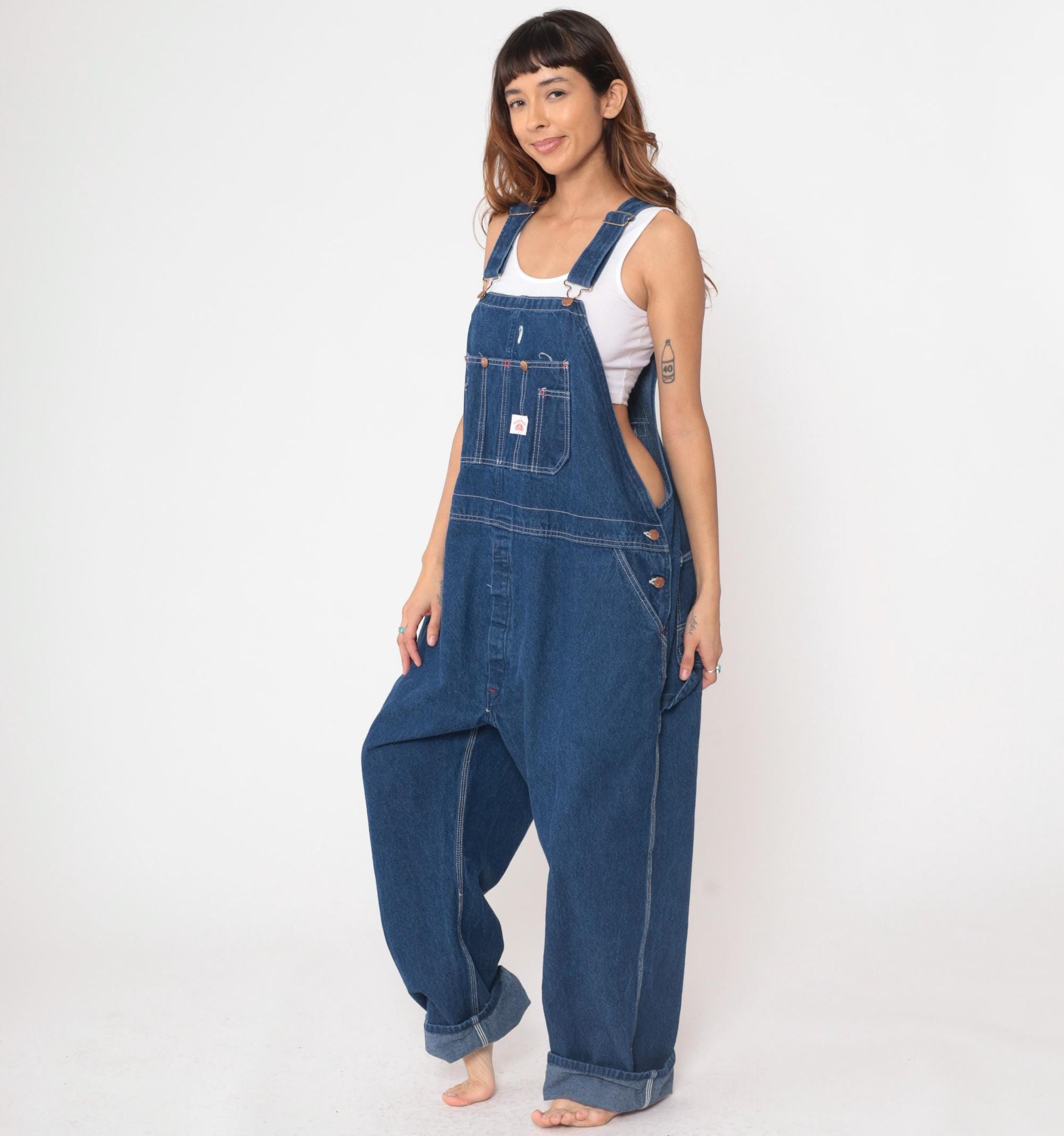 90s Roundhouse Dark Indigo Denim Overalls Carpenter Workwear Men's XL