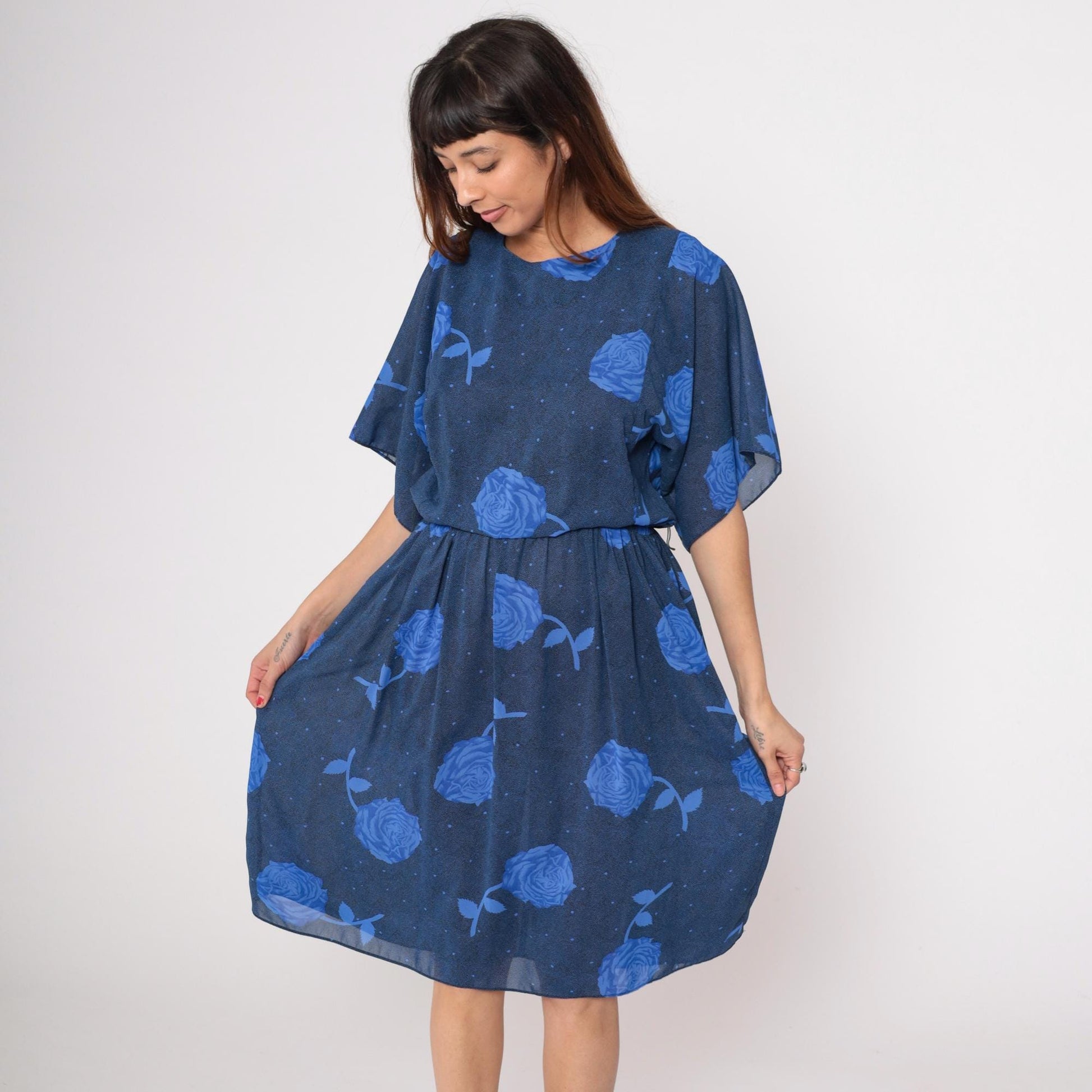 90s Navy Floral Midi Dress Positive Attitude Kimono Sleeve Small