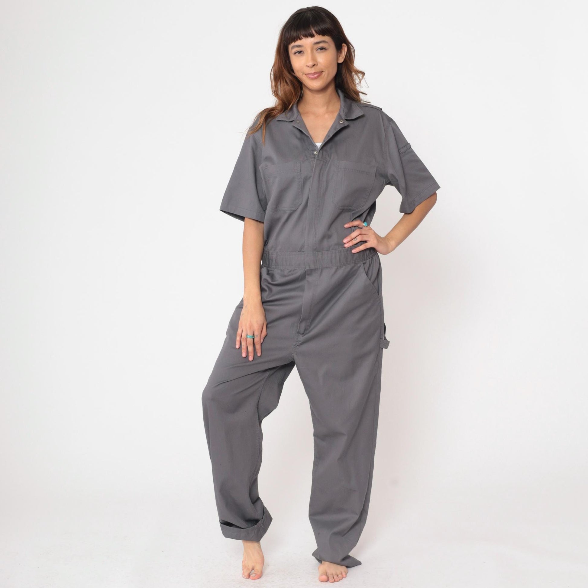 Y2K CQR Grey Utility Coveralls Short Sleeve Cargo Jumpsuit Medium M