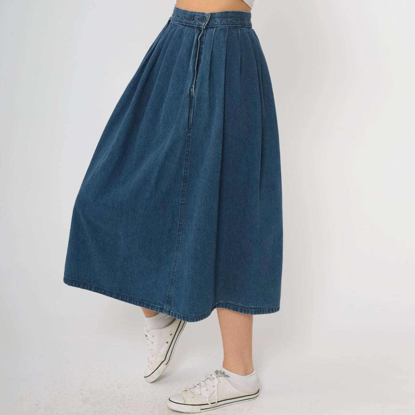 80s Calvin Klein Medium Blue Denim Midi Skirt High Waisted Pleated A-Line Small