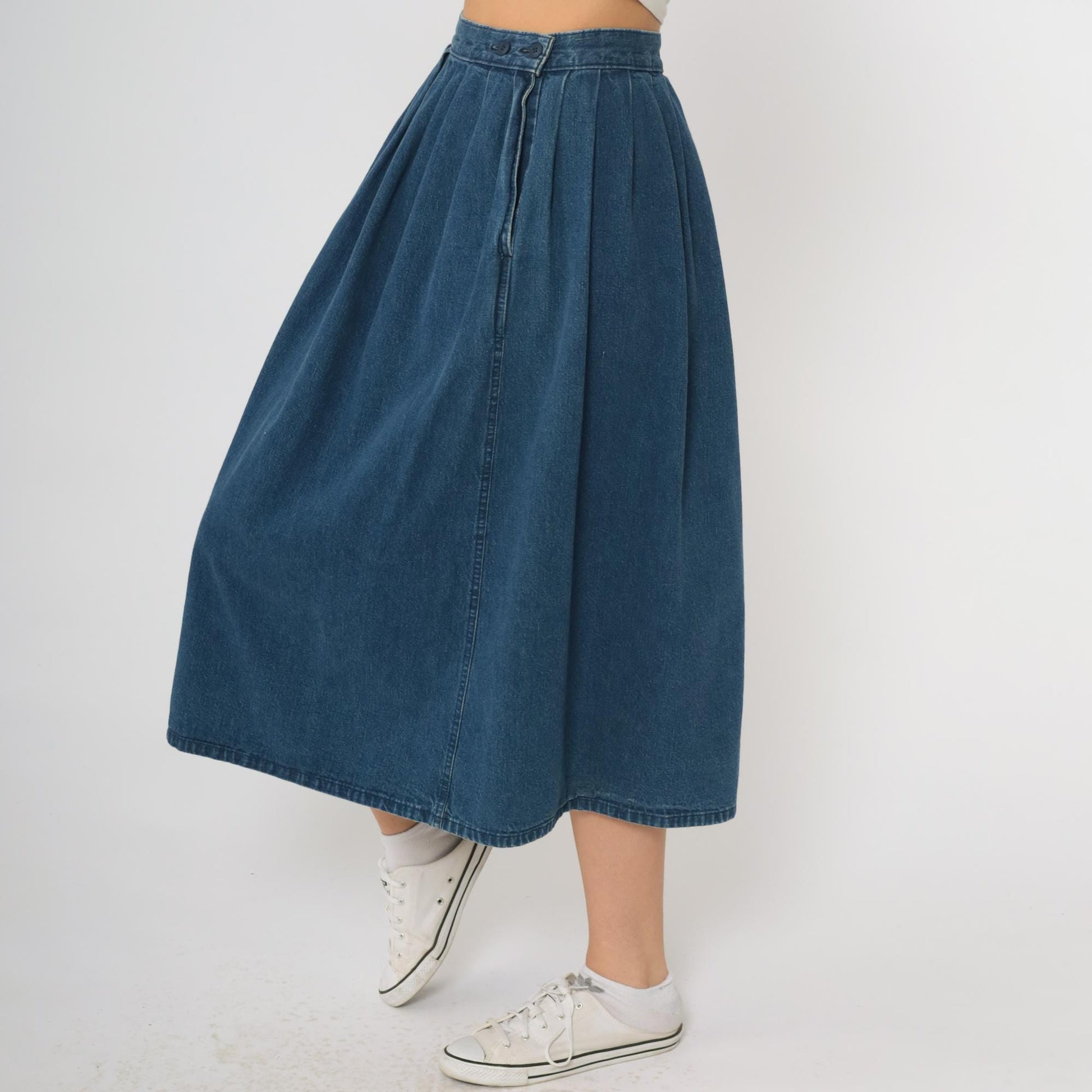 80s Calvin Klein Medium Blue Denim Midi Skirt High Waisted Pleated A-Line Small