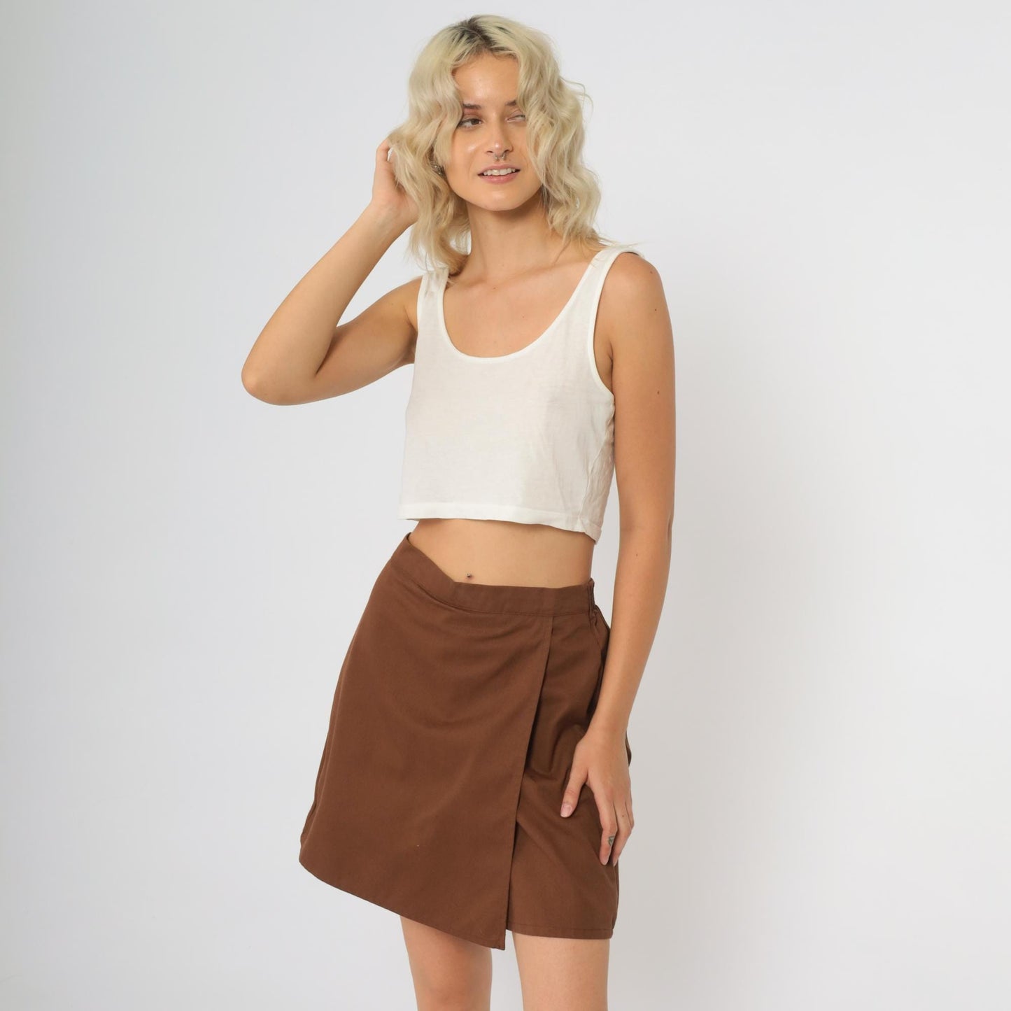 80s Girl Scouts Chocolate Brown Wrap Mini Skirt Elastic Waist Small