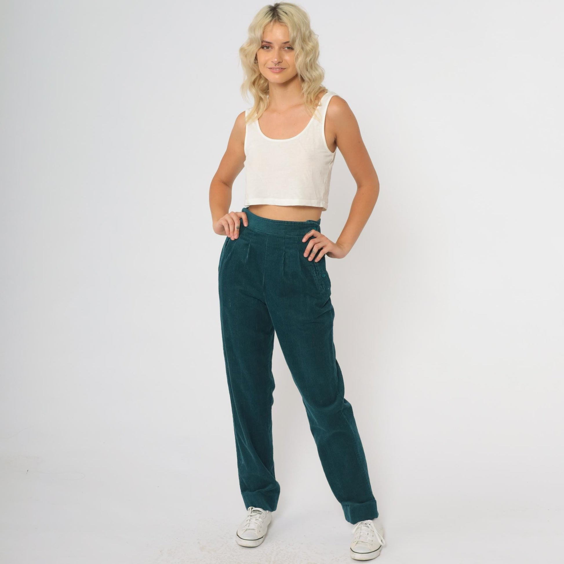 80s Emerald Green Corduroy High-Waisted Tapered Pants Button Fly XS