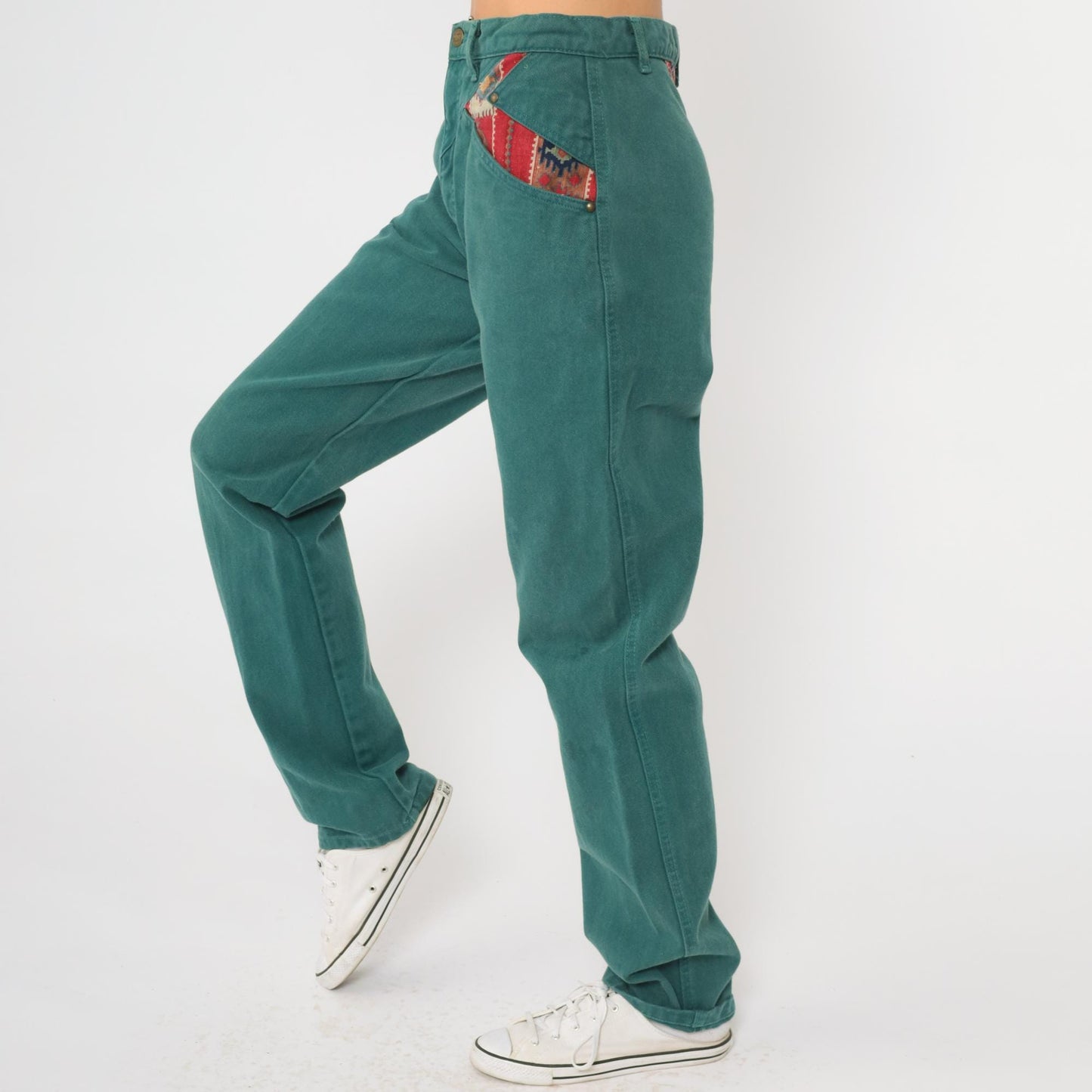 90s Roper Forest Green Denim Jeans Southwestern Patchwork High Waist Small