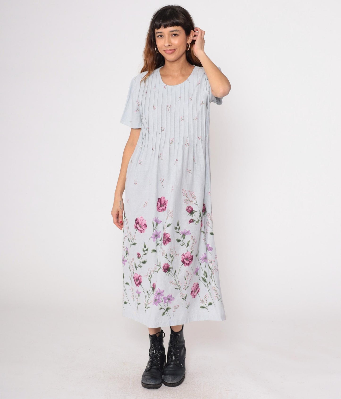 90s Miss Dorby Grey Floral Midi Dress Pink Purple Pleated Linen Large L