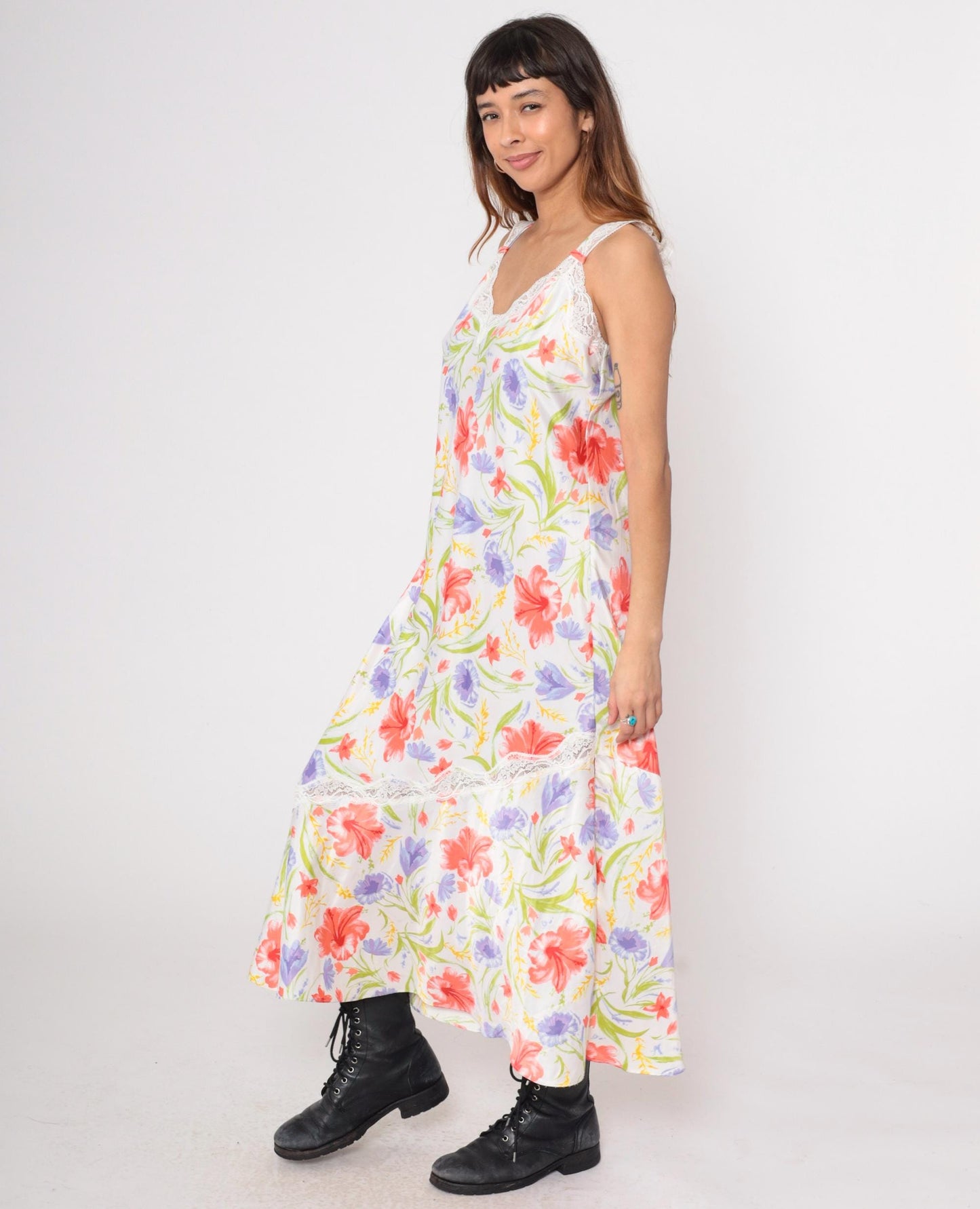 90s White Floral Maxi Slip Dress Coral Purple Lace Trim Large
